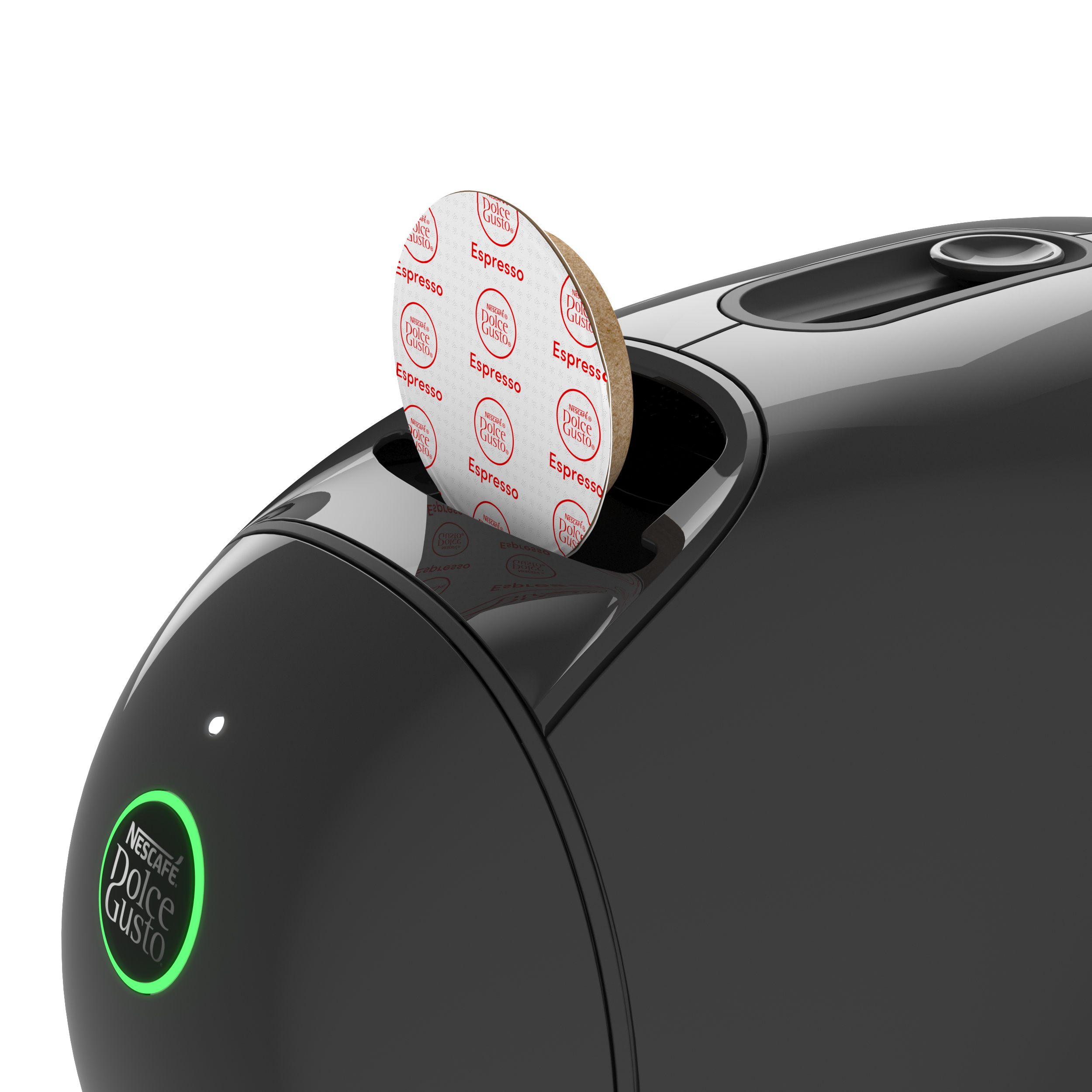 Una cafetera negra con una cápsula redonda Dolce Gusto que se inserta en el soporte.