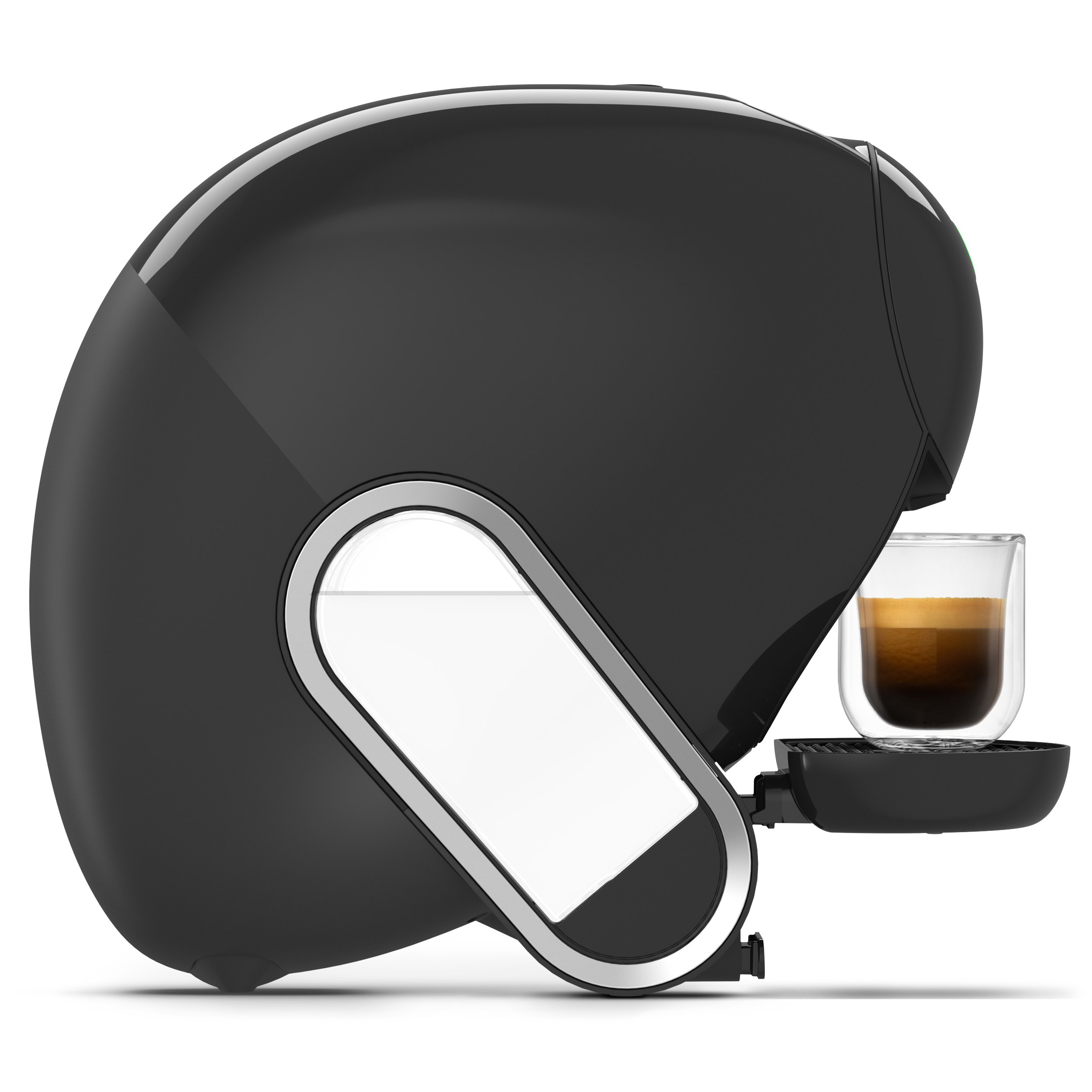 Moderna cafetera negra con una taza de vidrio de espresso recién hecho sobre un fondo blanco.