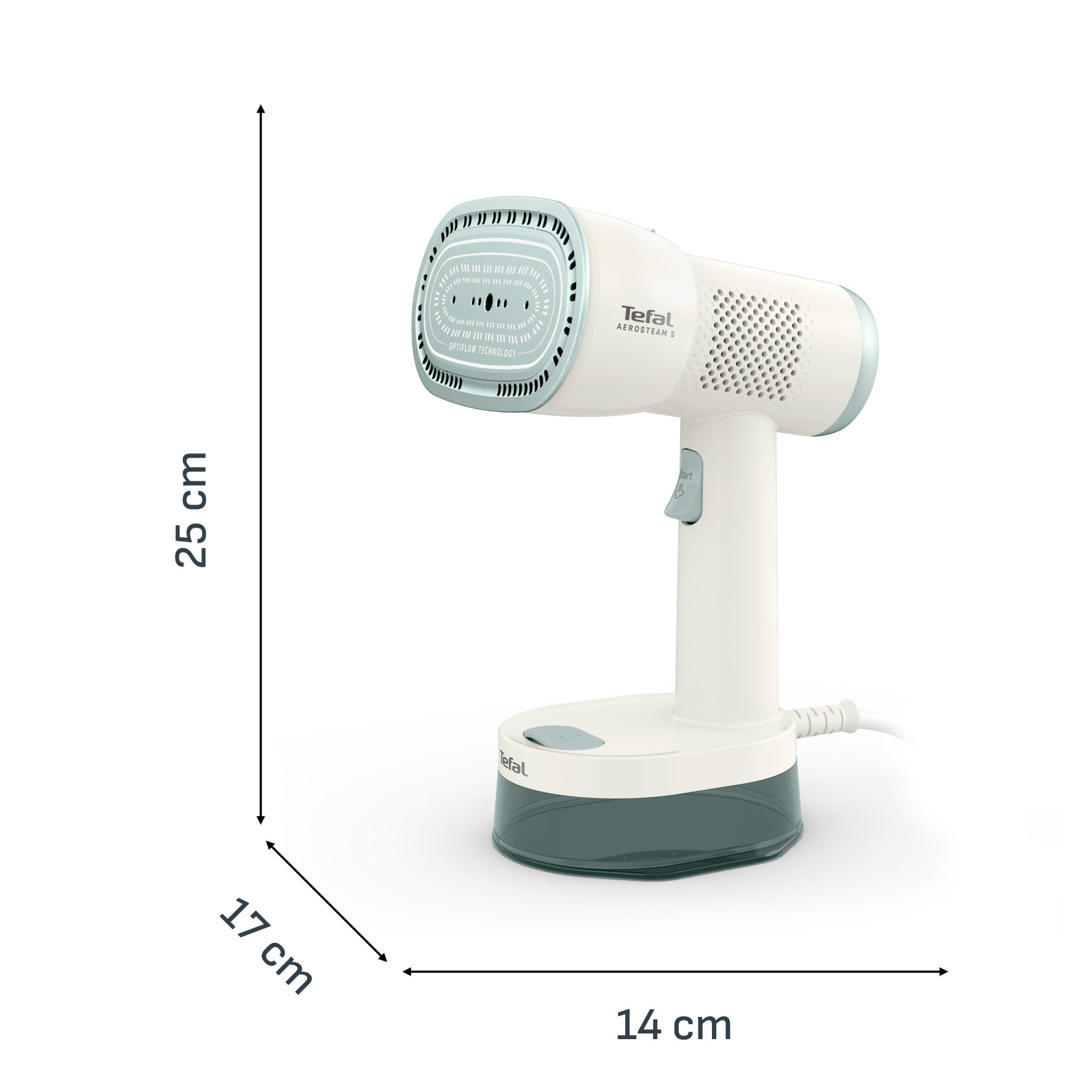 Weiß-türkiser Tefal-Handdampfgarer mit Basis auf weißem Grund und Maßangaben in cm.