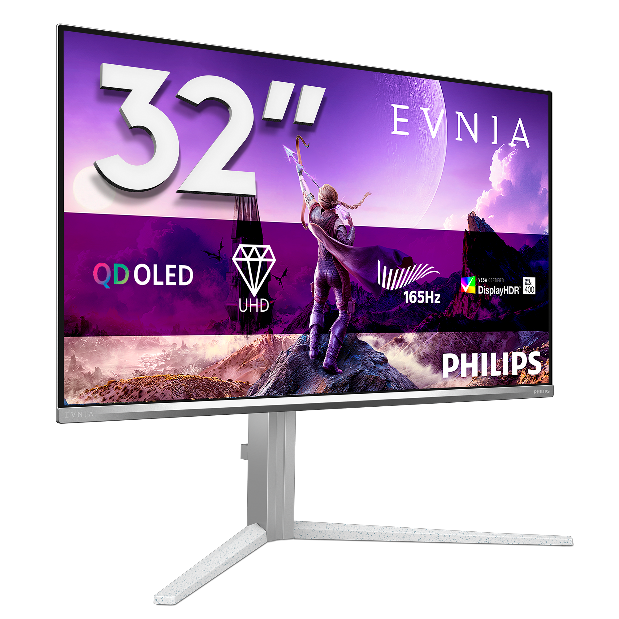 Ein Philips Evnia 32-Zoll-QD-OLED-Gaming-Monitor mit stilvollem Standfuß vor schwarzem Hintergrund.