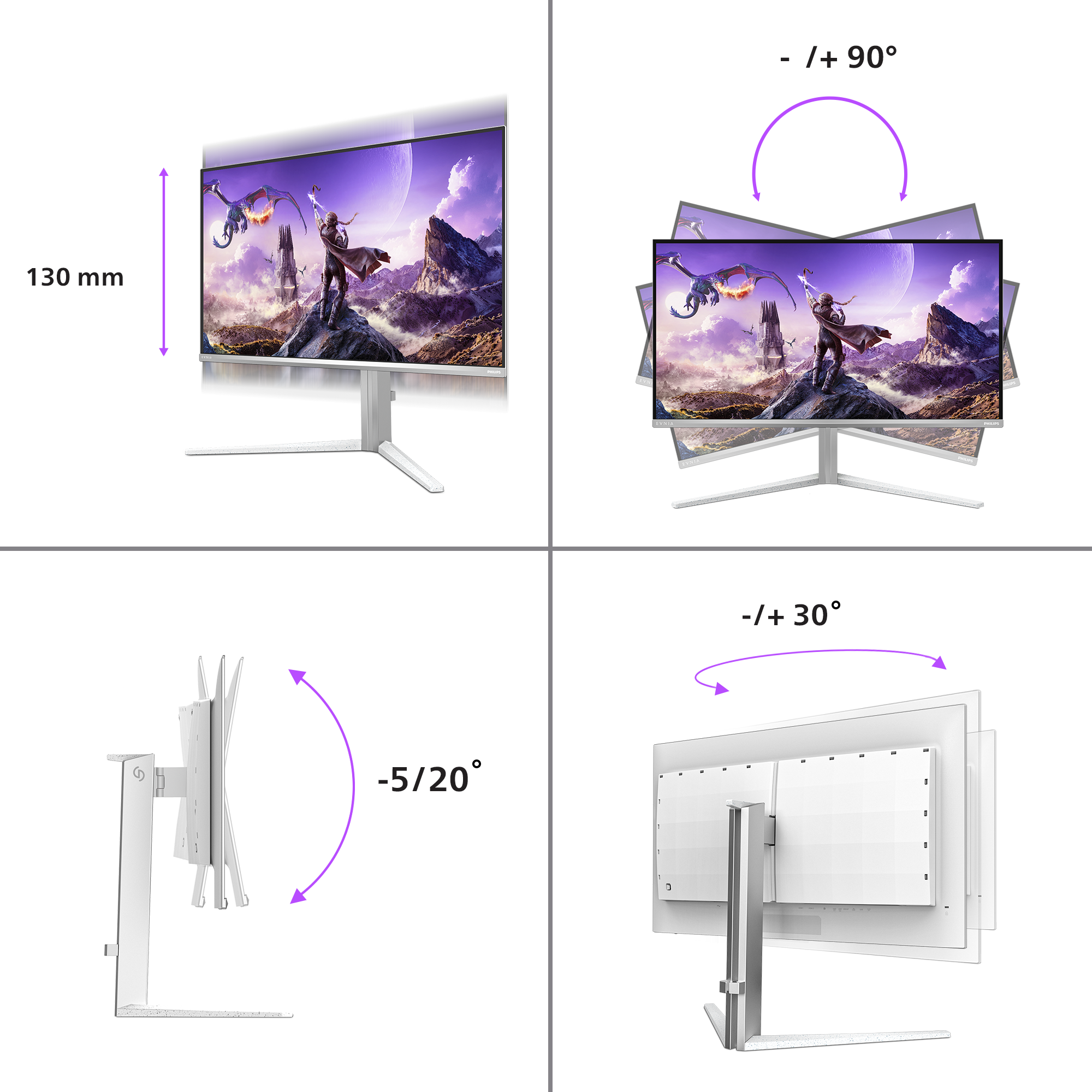 Vier Diagramme zeigen die ergonomischen Verstellmöglichkeiten des Monitors: Höhe 130mm, Drehung 90 Grad, Neigung -5/20 Grad, Schwenkung 30 Grad.