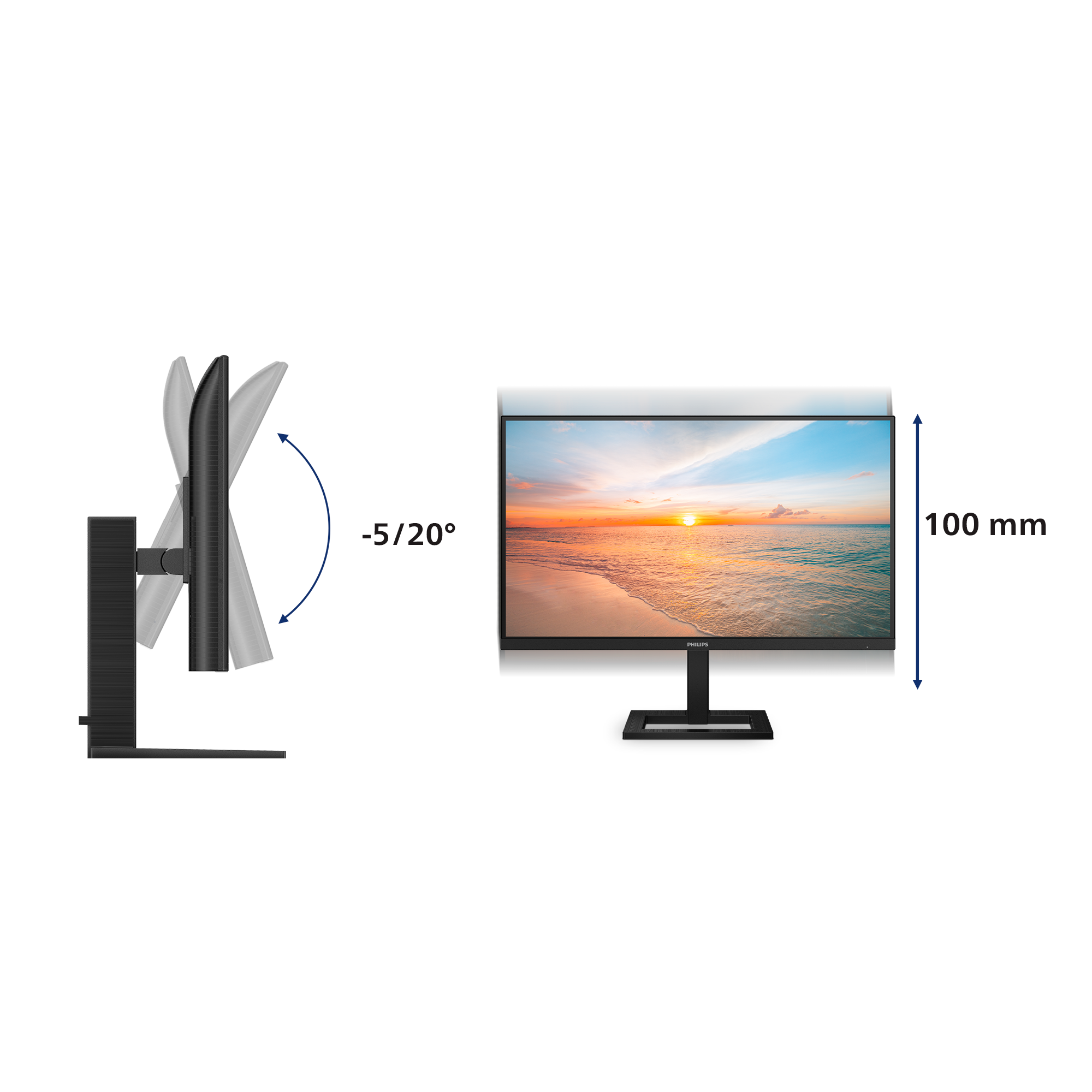 Diagramm zeigt die Neigung von -5/20 Grad und die Hoehenverstellung von 100 mm eines Monitors.