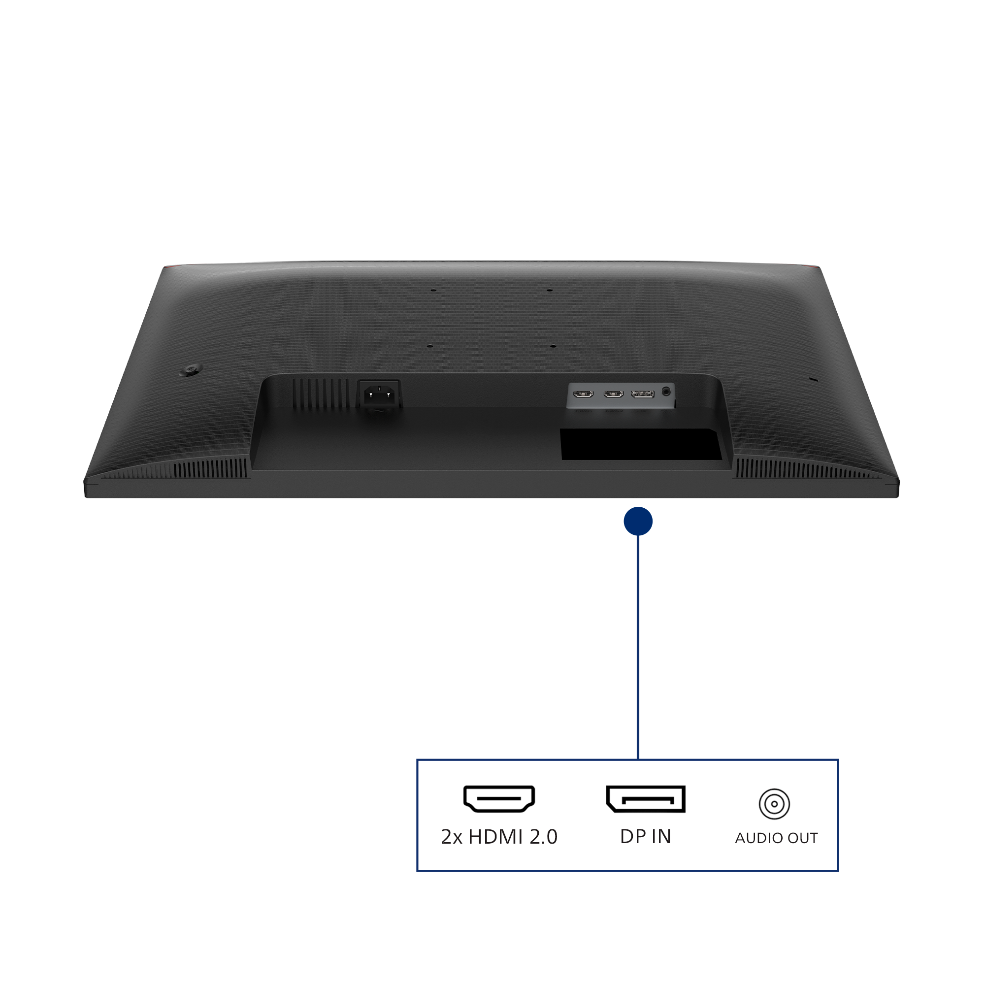 Rückseite eines schwarzen Monitors mit Steckplätzen für zwei HDMI 2.0, DisplayPort und Audioausgang.