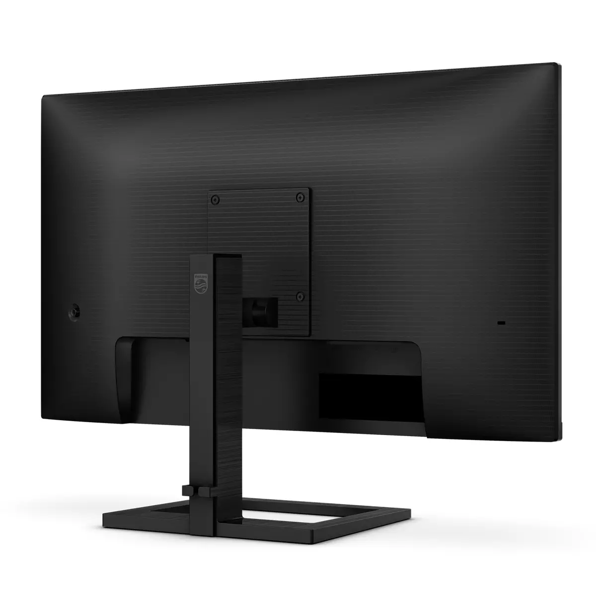 Rückansicht eines modernen schwarzen Monitors mit einem quadratischen Standfuß auf weißem Hintergrund.