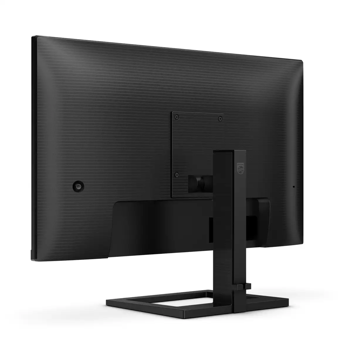 Rückansicht eines schwarzen Computermonitors mit stabilem rechteckigen Standfuß auf weißer Fläche.