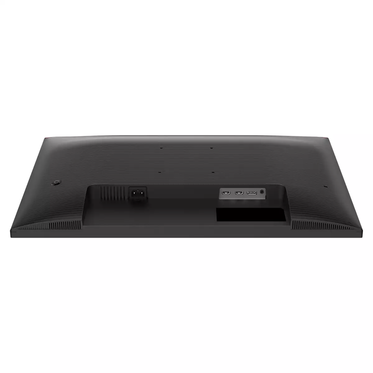Rückansicht eines schwarzen Monitors mit Anschlüssen für Strom, HDMI und Audio.