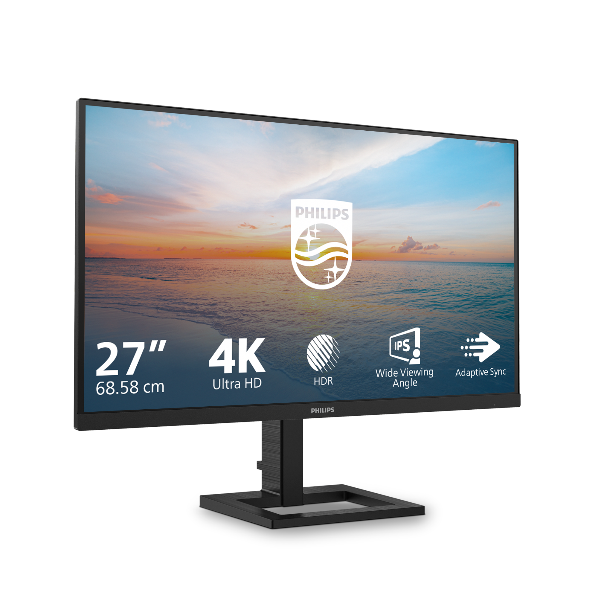 Ein schwarzer Philips 27-Zoll-4K-Monitor mit Strandbild, HDR und Adaptive Sync auf weißem Hintergrund.