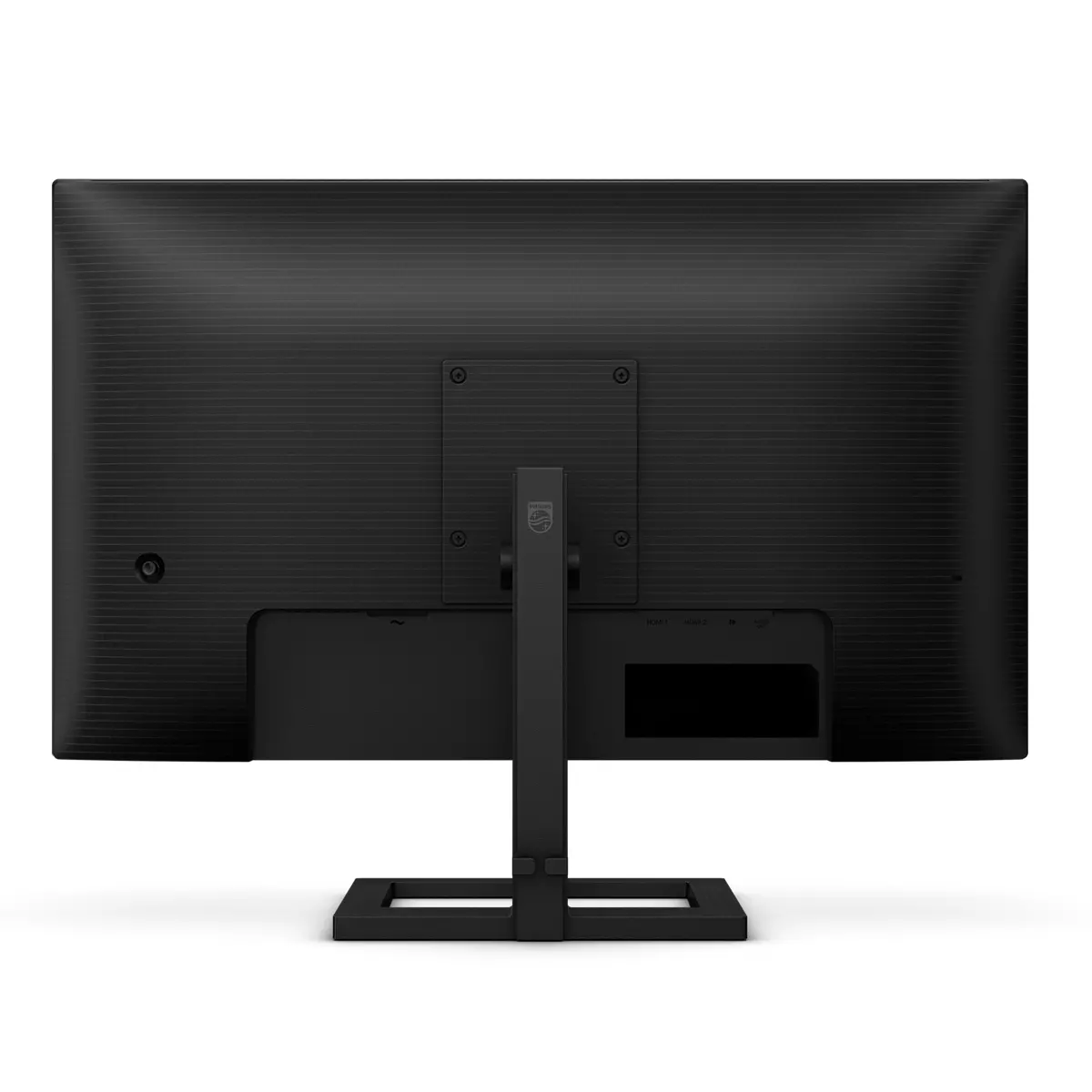 Rückansicht eines schwarzen Computermonitors mit Ständer auf weißem Hintergrund.