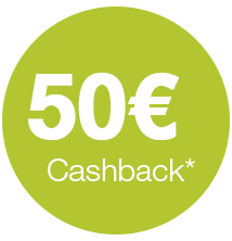 Ein grüner Kreis mit weißem Text 50 Euro Cashback.