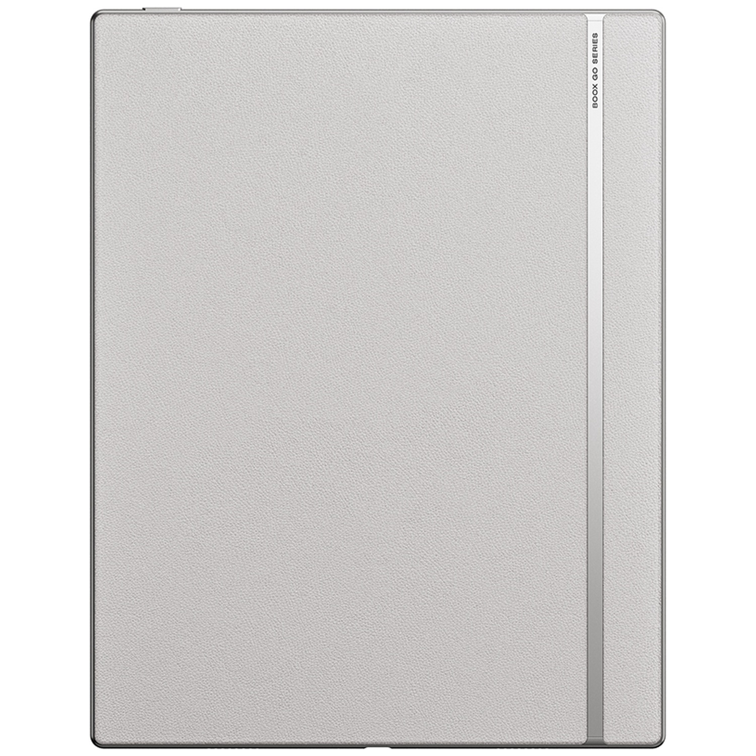 Een zilveren tablethoes met een getextureerde afwerking en een verticale streep met BOOX GO SERIES aan de rechterkant.