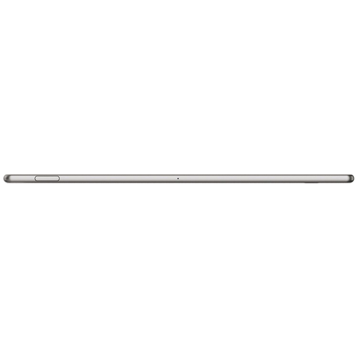 Zijaanzicht van een zilveren tablet met aan/uit-knop en camera tegen een witte achtergrond.