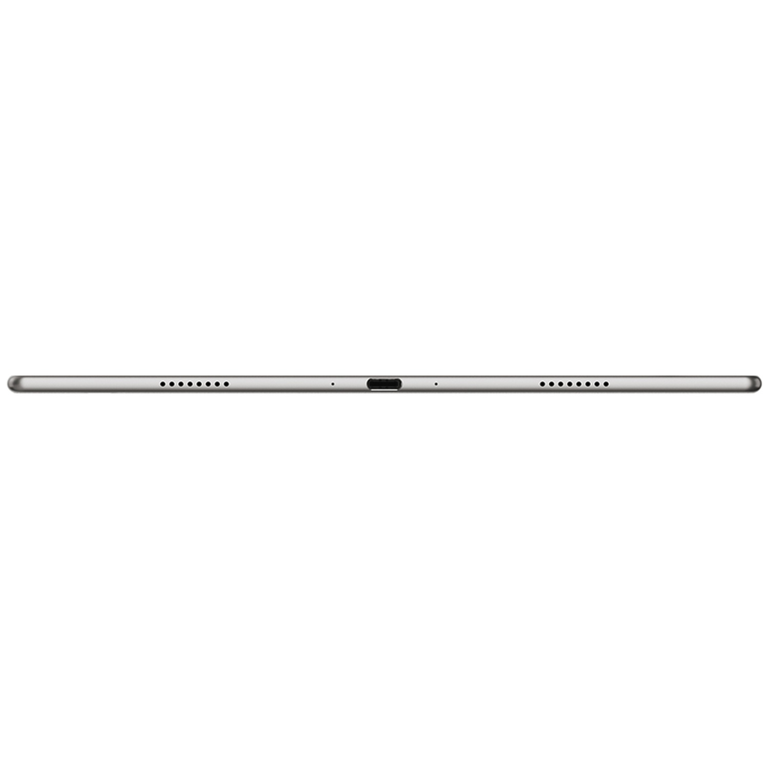Onderste rand van een zilveren tablet met een centrale USB-C-poort geflankeerd door luidsprekerroosters op een witte achtergrond.