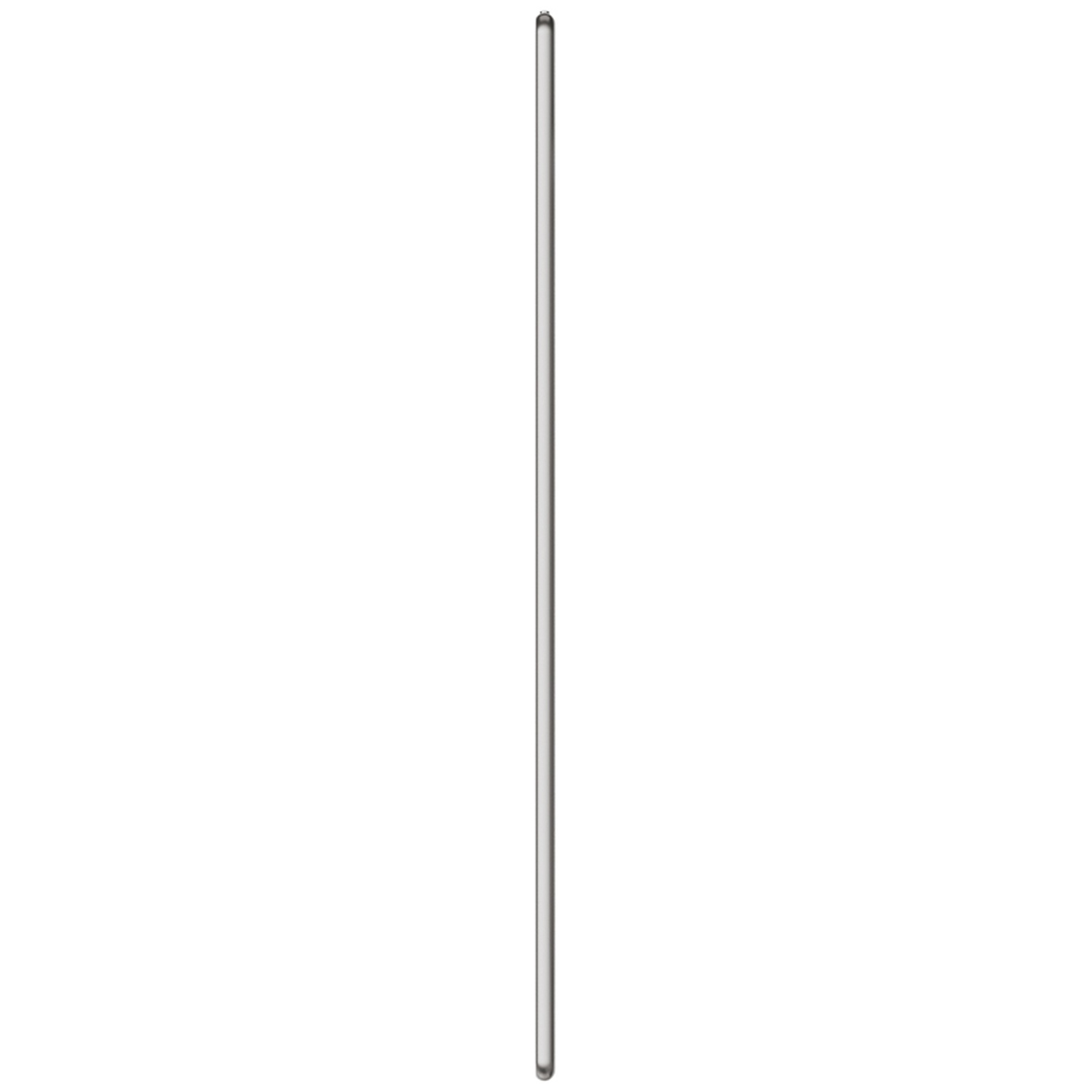 Zijaanzicht van een slanke, grijze tablet op een witte achtergrond.