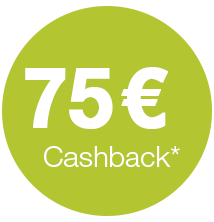 Ein grüner Kreis mit weißem Text 75€ Cashback* auf schwarzem Hintergrund.