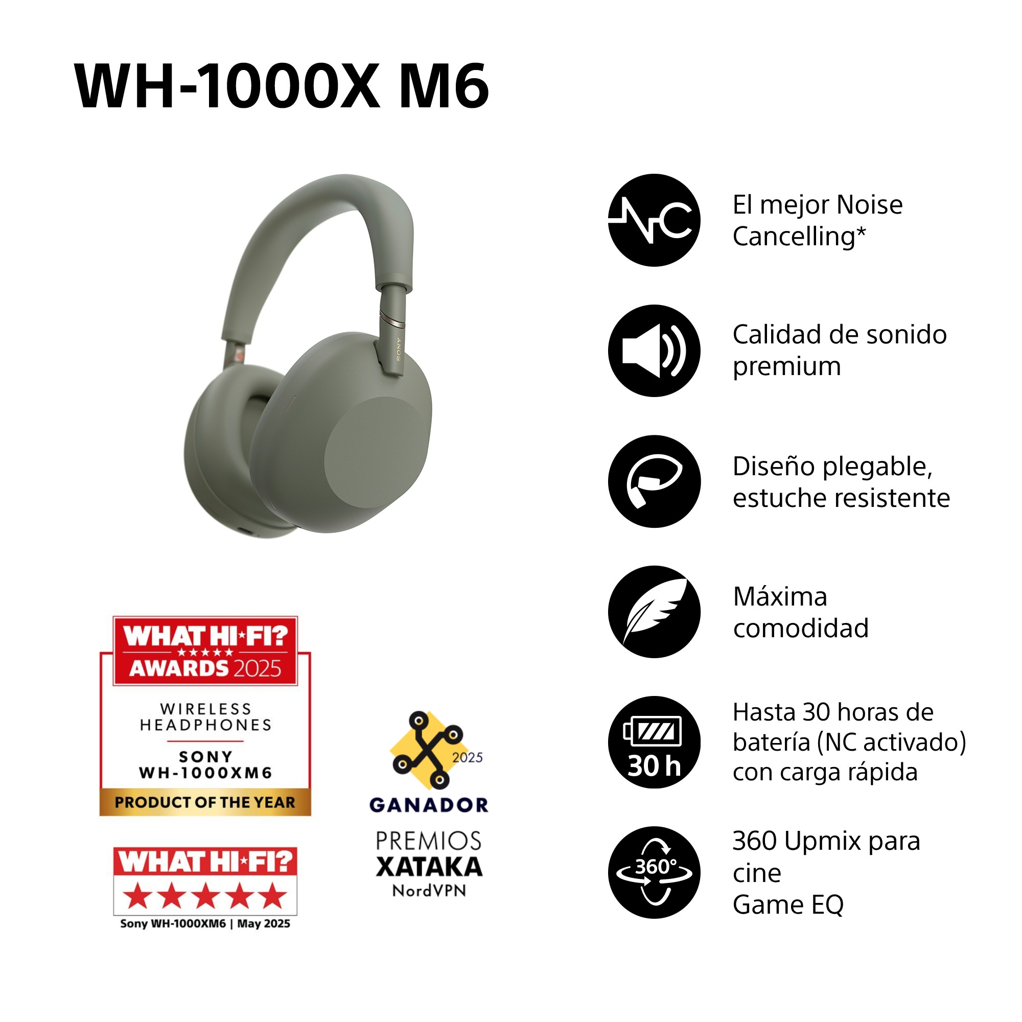 El mejor Noise Cancelling, Sonido premium, Plegable con estuche resistente, Máxima comodidad, 30 h de batería, 360 Upmix para cine y Game EQ.