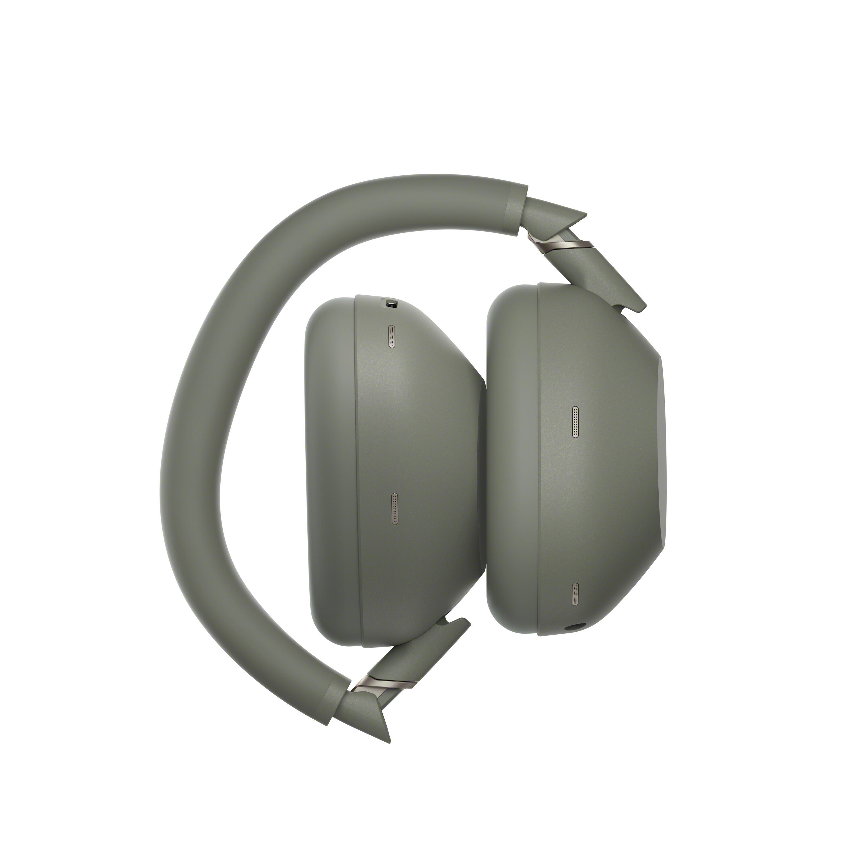 Auriculares supraaurales de color verde oliva con diadema ajustable sobre fondo blanco.