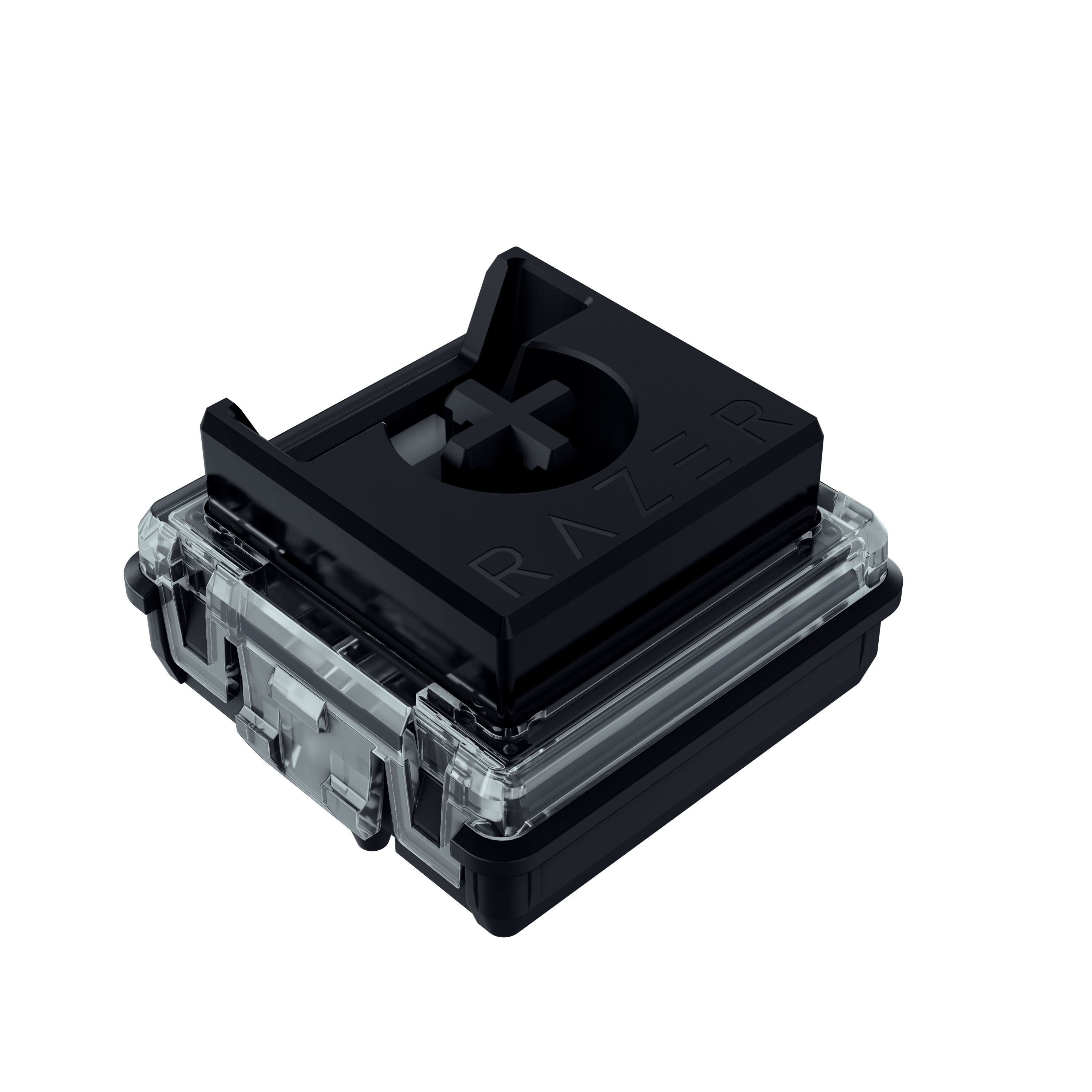 Ein schwarzer Razer-Tastaturschalter mit klarem Gehäuse und einem Kreuzstiel auf weißem Hintergrund.