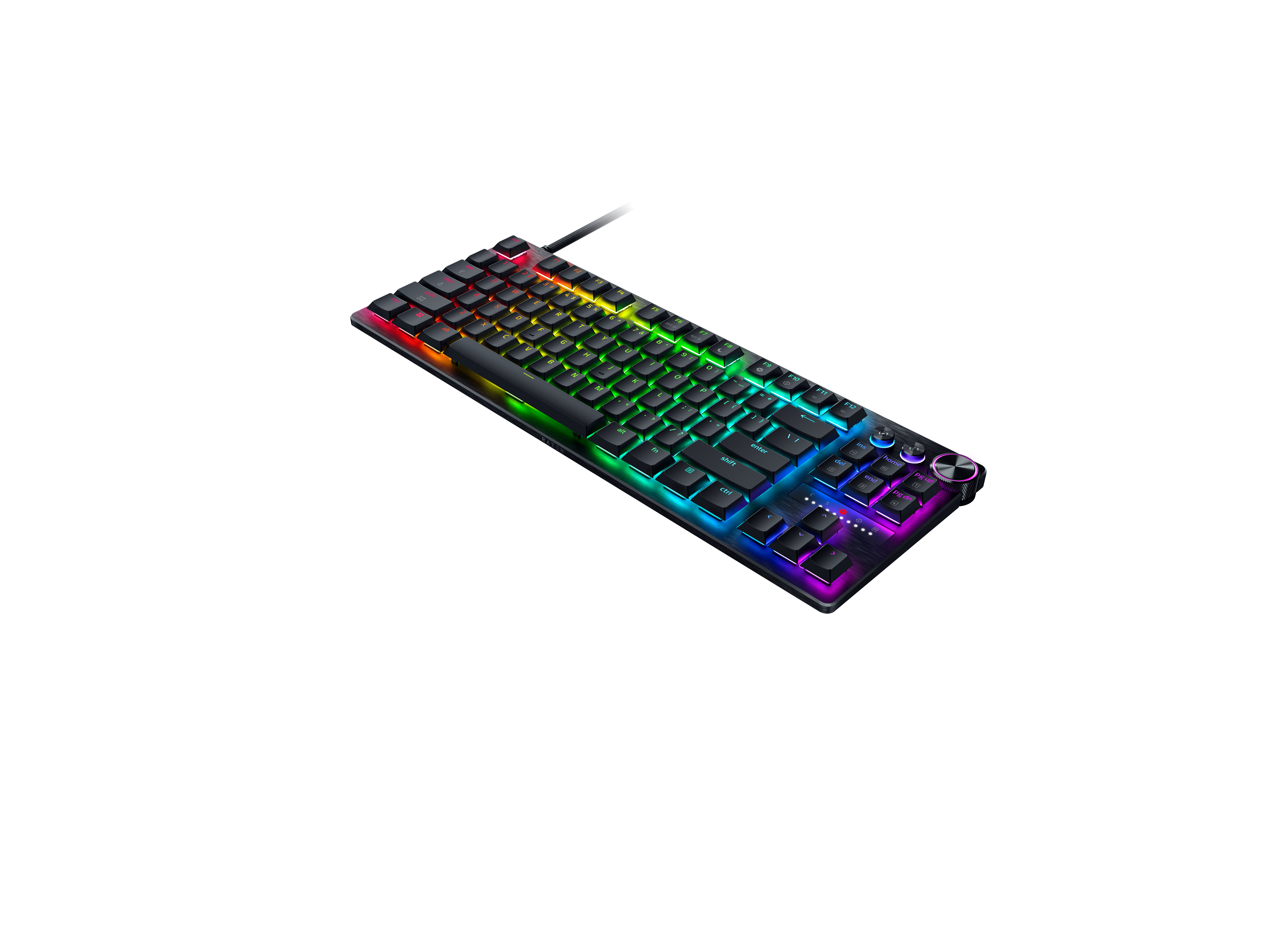 Schwarze mechanische Tastatur mit lebhafter RGB-Beleuchtung und einem oberen Lautstärkeregler auf weißem Grund.