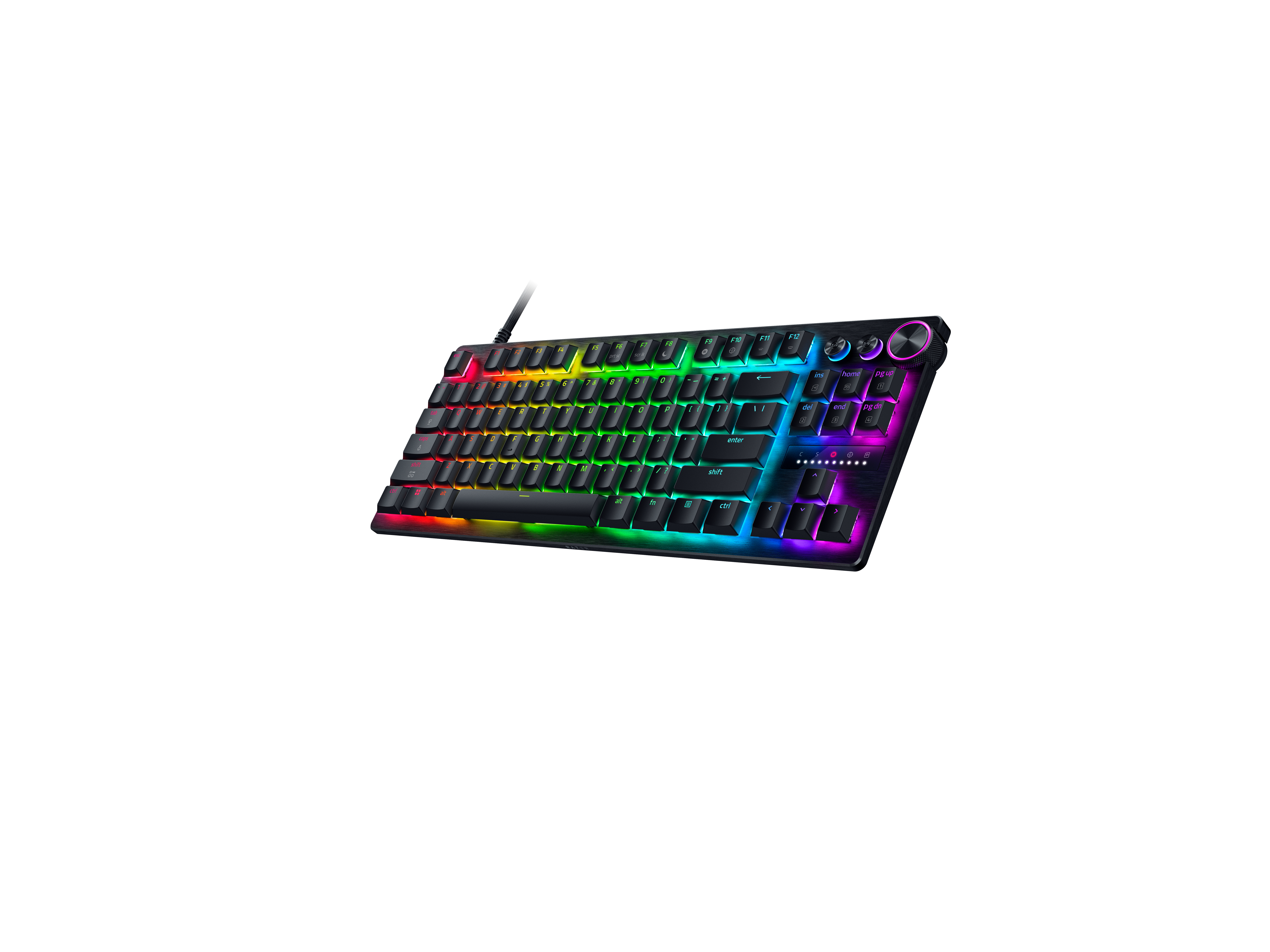 Schwarze mechanische Tastatur mit lebendiger Regenbogen-Hintergrundbeleuchtung und runden Medienreglern.