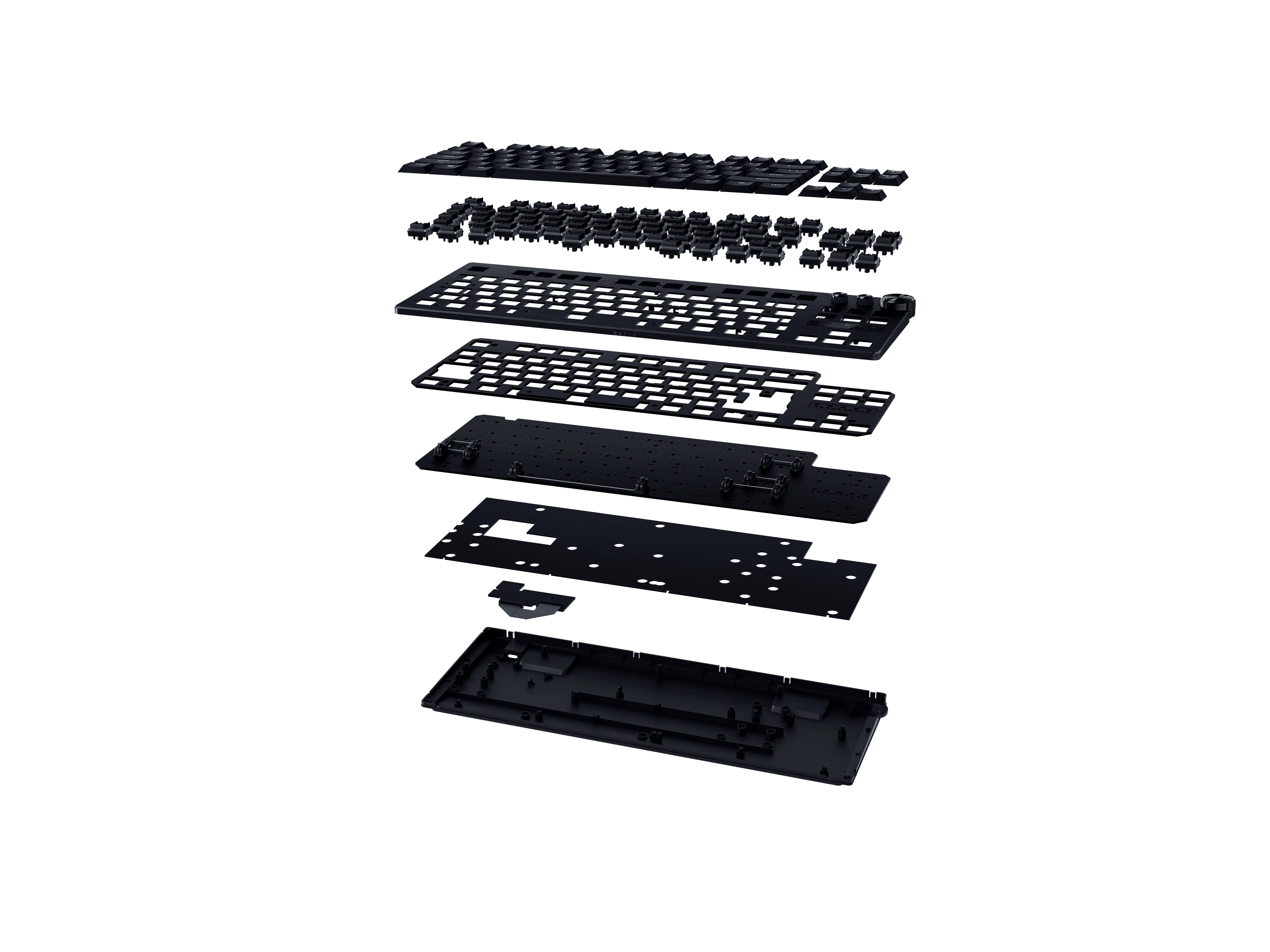 Explosionsansicht einer zerlegten schwarzen mechanischen Tastatur mit Schichten, Schaltern und Gehäuse auf weißem Hintergrund.