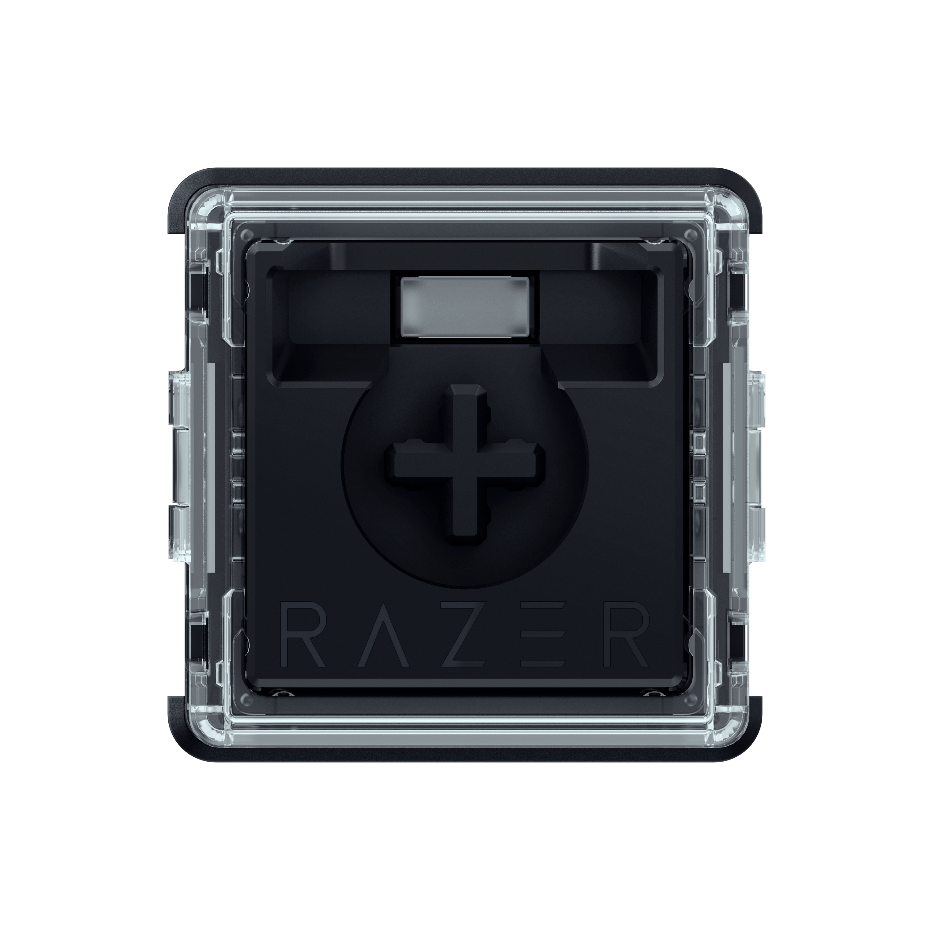 Ein schwarzer Razer-Tastaturschalter mit klarem transparentem Gehäuse und einem kreuzförmigen Schaft auf weißem Hintergrund.