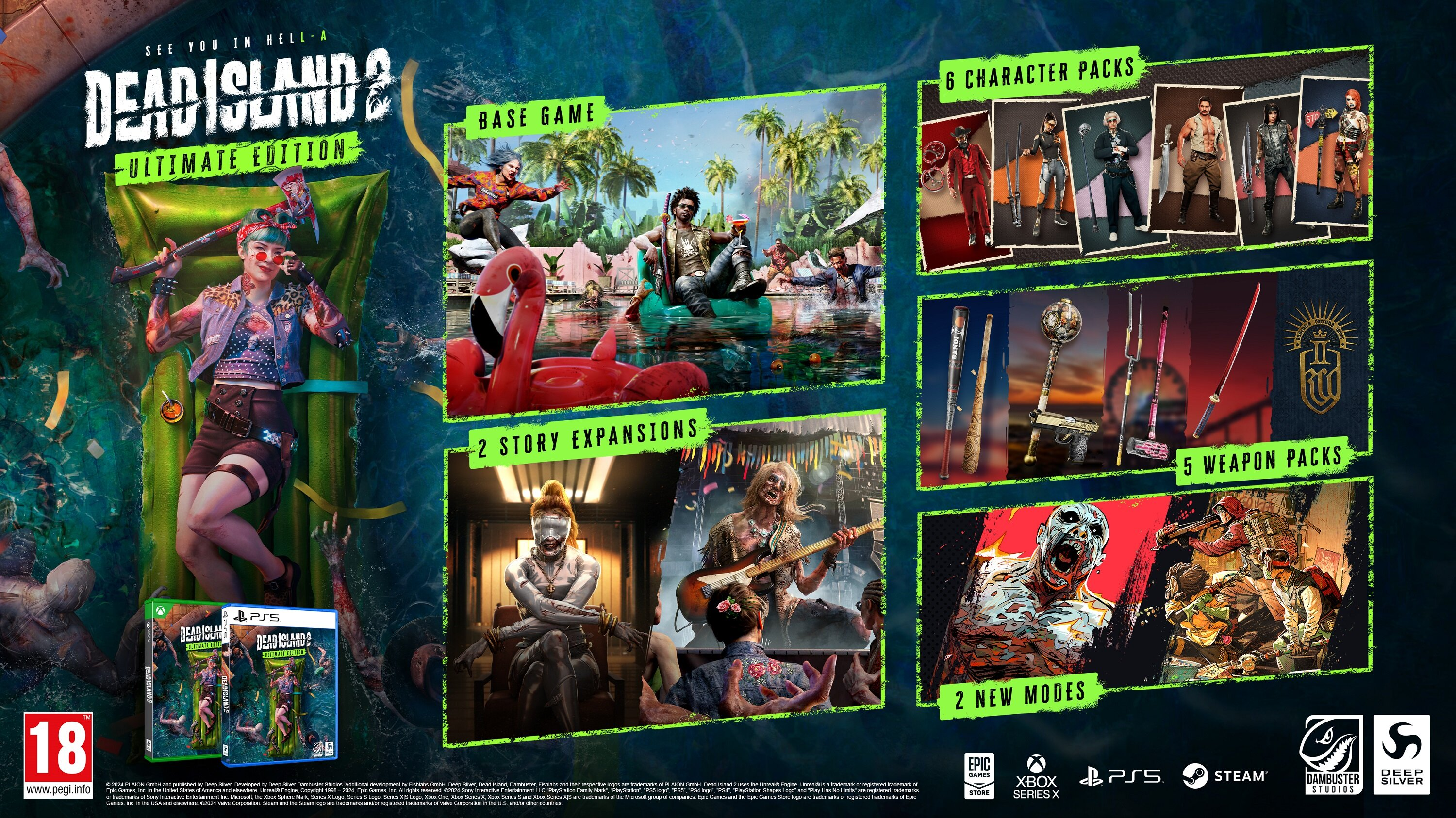 Przegląd zawartości Dead Island 2 Ultimate Edition z grą, dodatkami, paczkami postaci i broni.