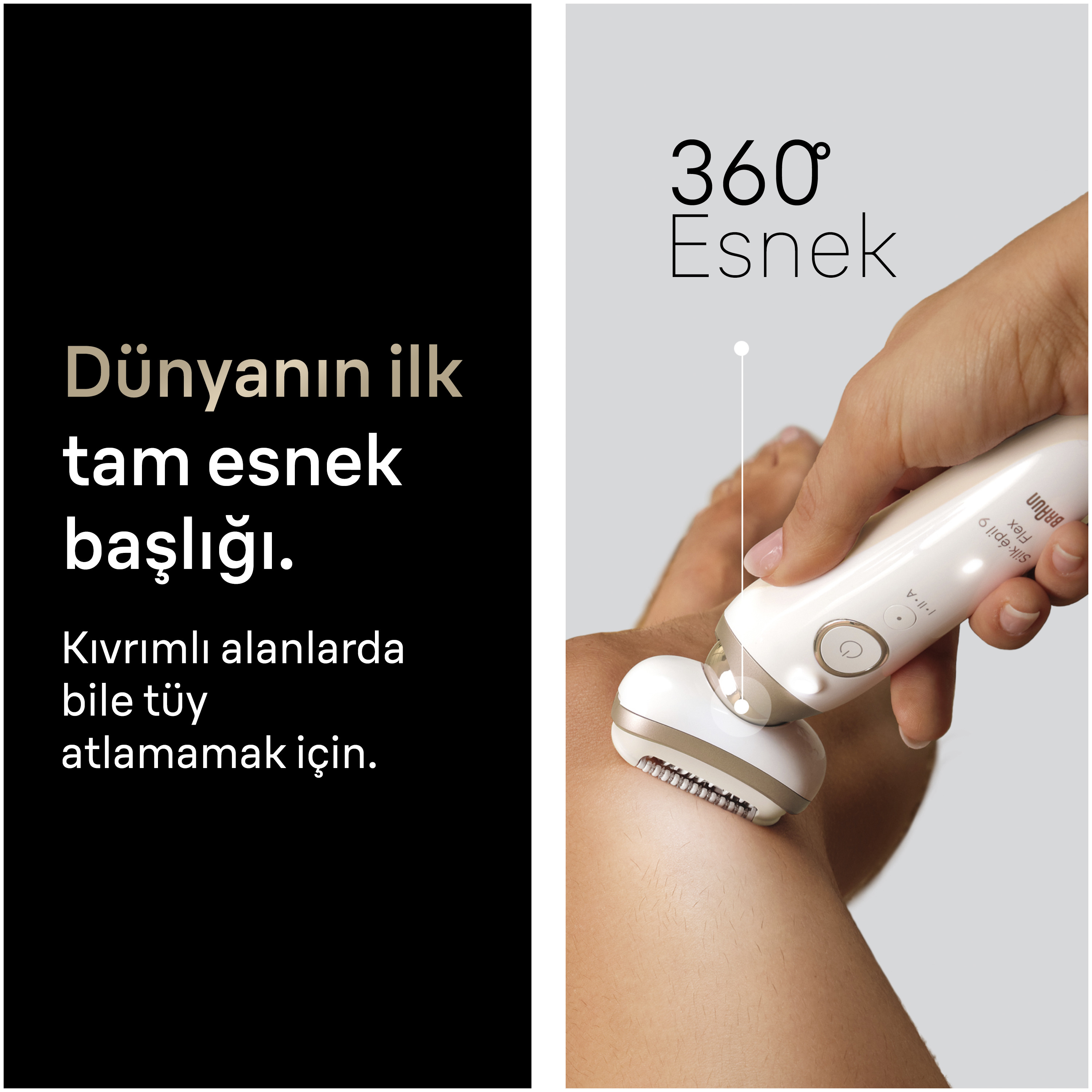 Bacak üzerinde kullanılan esnek başlıklı beyaz epilatörü tutan el.