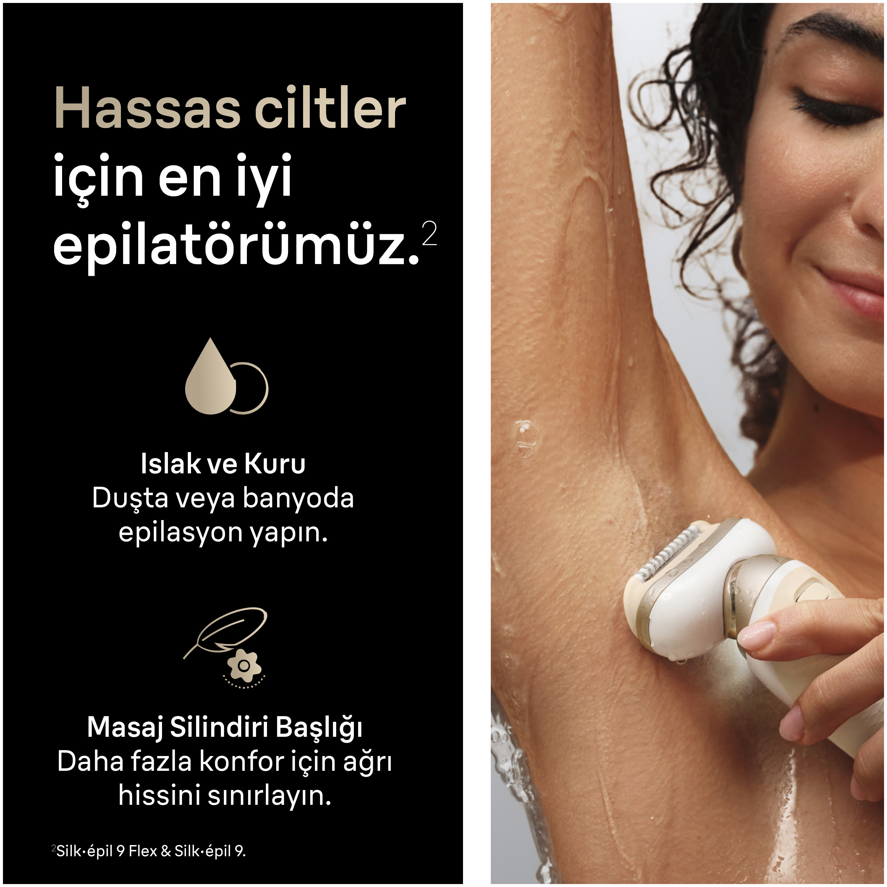 Gülümseyen bir kadın kol altını epilatörle tıraş ediyor, solda Türkçe tanıtım yazısı var.