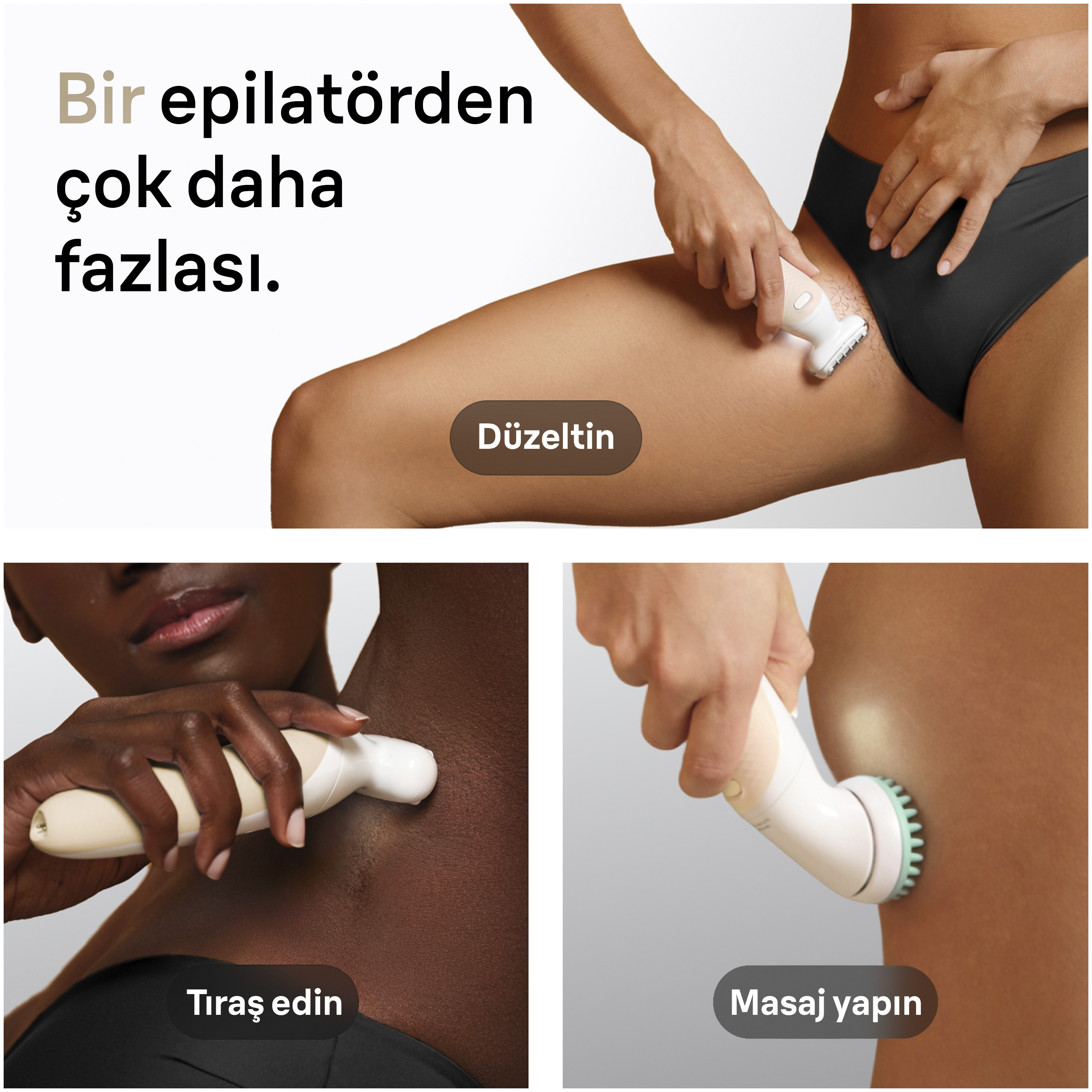 Bir kadın bikini bölgesinde, boynunda ve bacağında beyaz tüy alma cihazı kullanıyor.