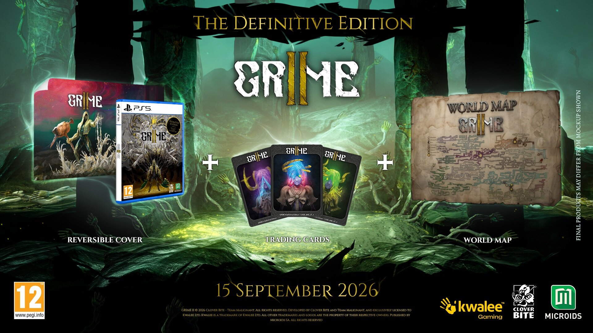 Grime II Definitive Edition na PS5 prezentuje okładkę, karty i mapę świata.