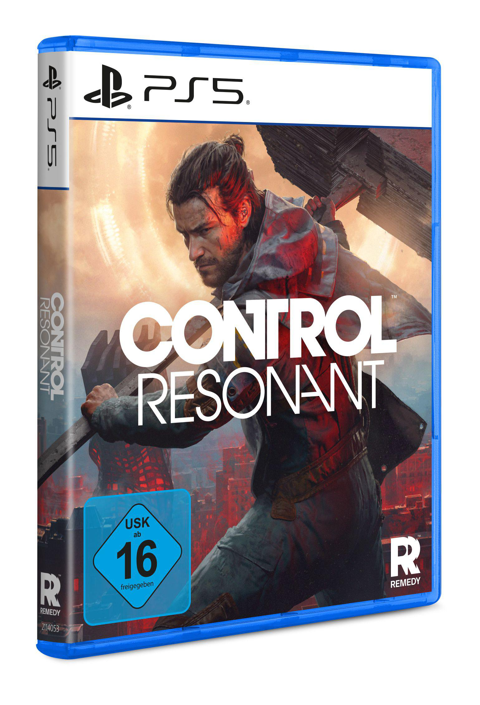 PlayStation 5 Spielhülle für Control Resonant mit einem männlichen Charakter mit Hammer vor einer zerstörten Stadt.