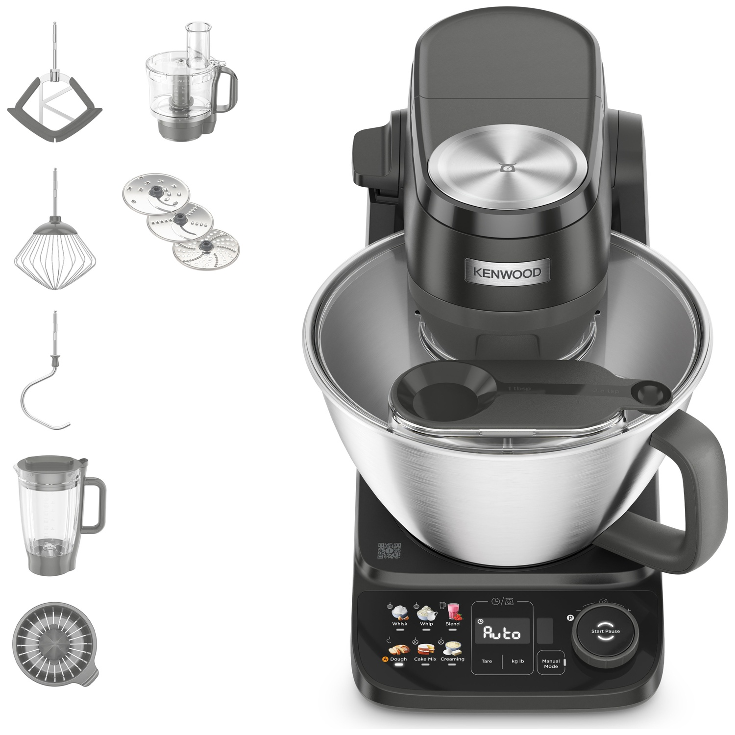 Een zwarte Kenwood keukenmachine met roestvrijstalen kom en diverse accessoires links.