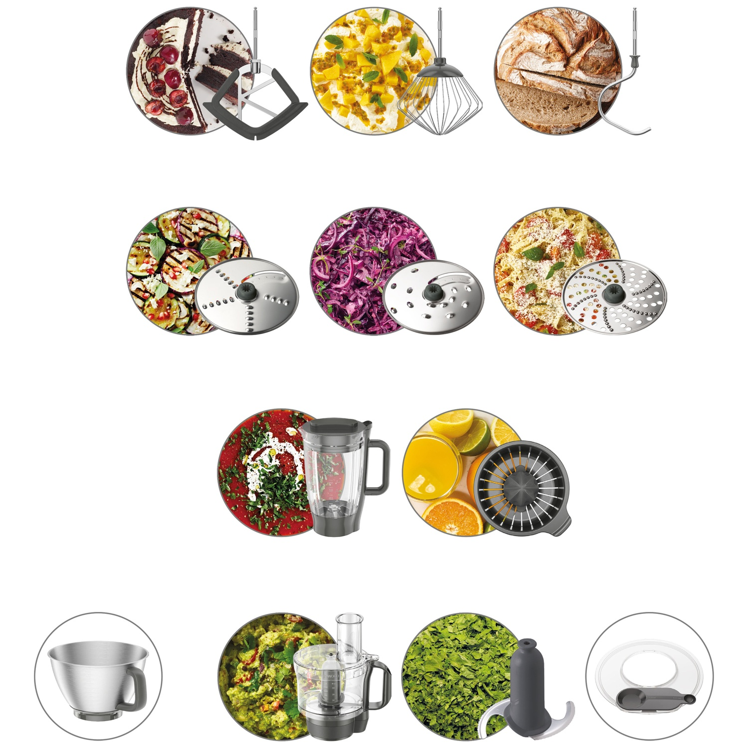 Diverse keukenmachine-opzetstukken met voedsel zoals taart, brood, groenten en soep.