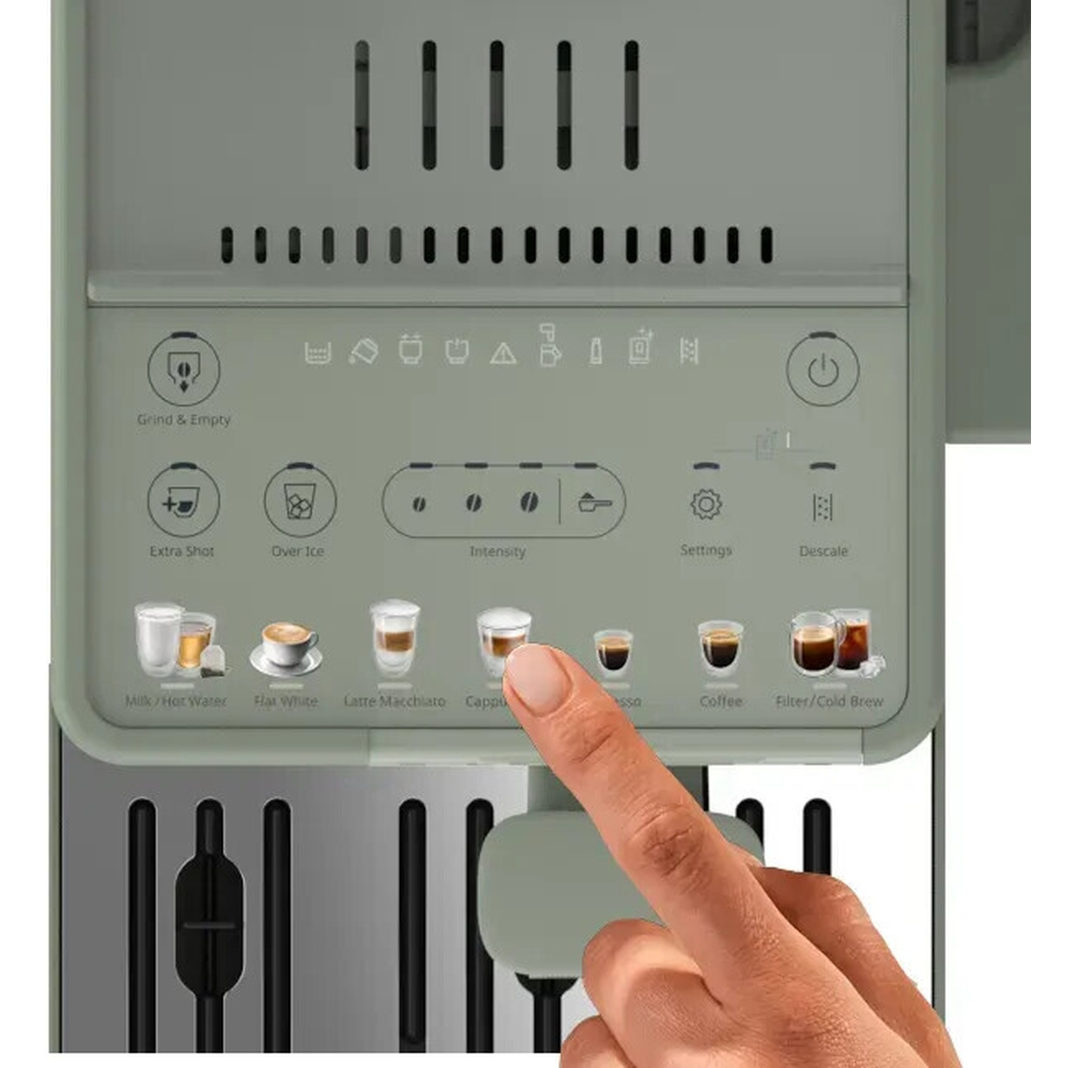 Een hand tikt op het touchscreen van een lichtgroene koffiezetapparaat met diverse opties.