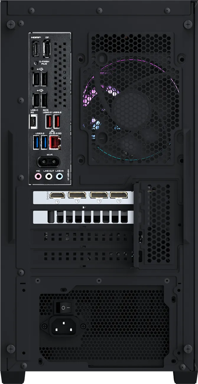 Vista trasera de una torre de PC negra con puertos, ventilador RGB arriba y fuente abajo.