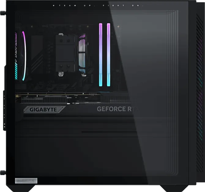 Una caja de PC de vidrio que muestra componentes internos brillantes, incluida una tarjeta gráfica Gigabyte y ventiladores RGB.
