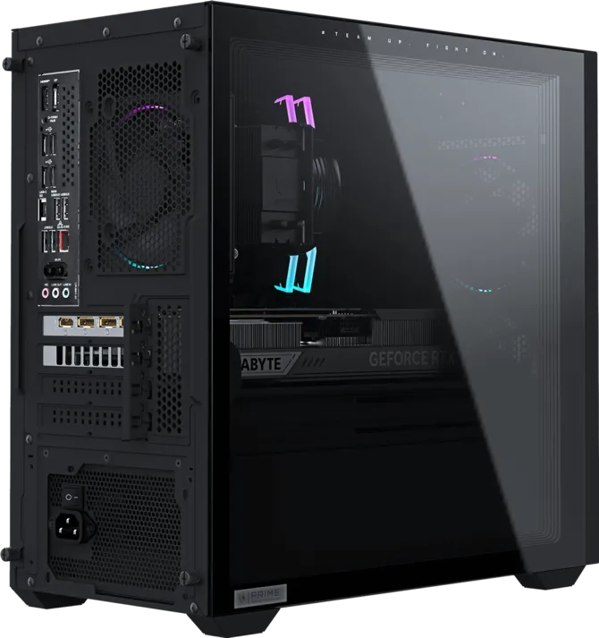 Una torre de PC negra con panel lateral de vidrio que muestra componentes internos y ventiladores.