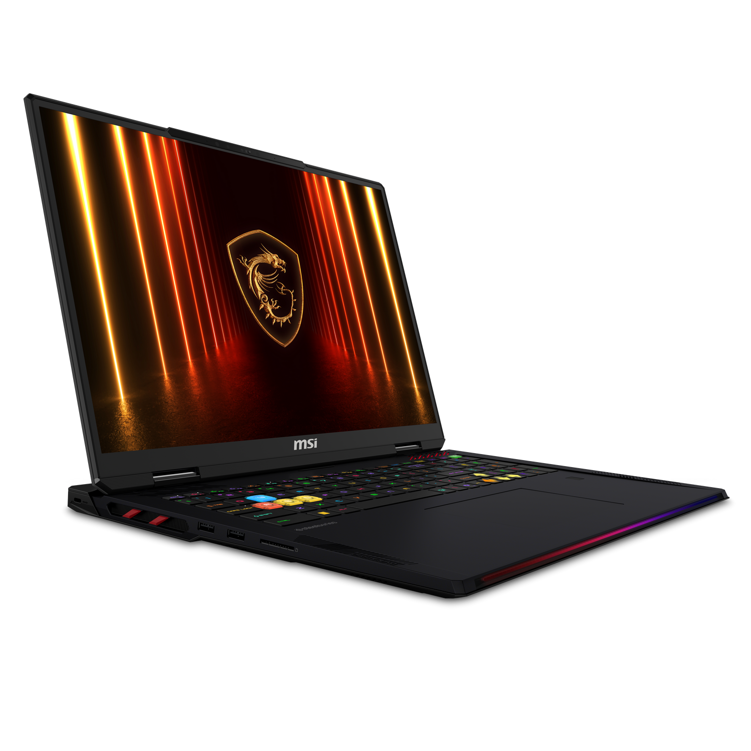 Portátil para juegos MSI negro con teclado retroiluminado y logotipo de dragón brillante en la pantalla, sobre fondo oscuro.