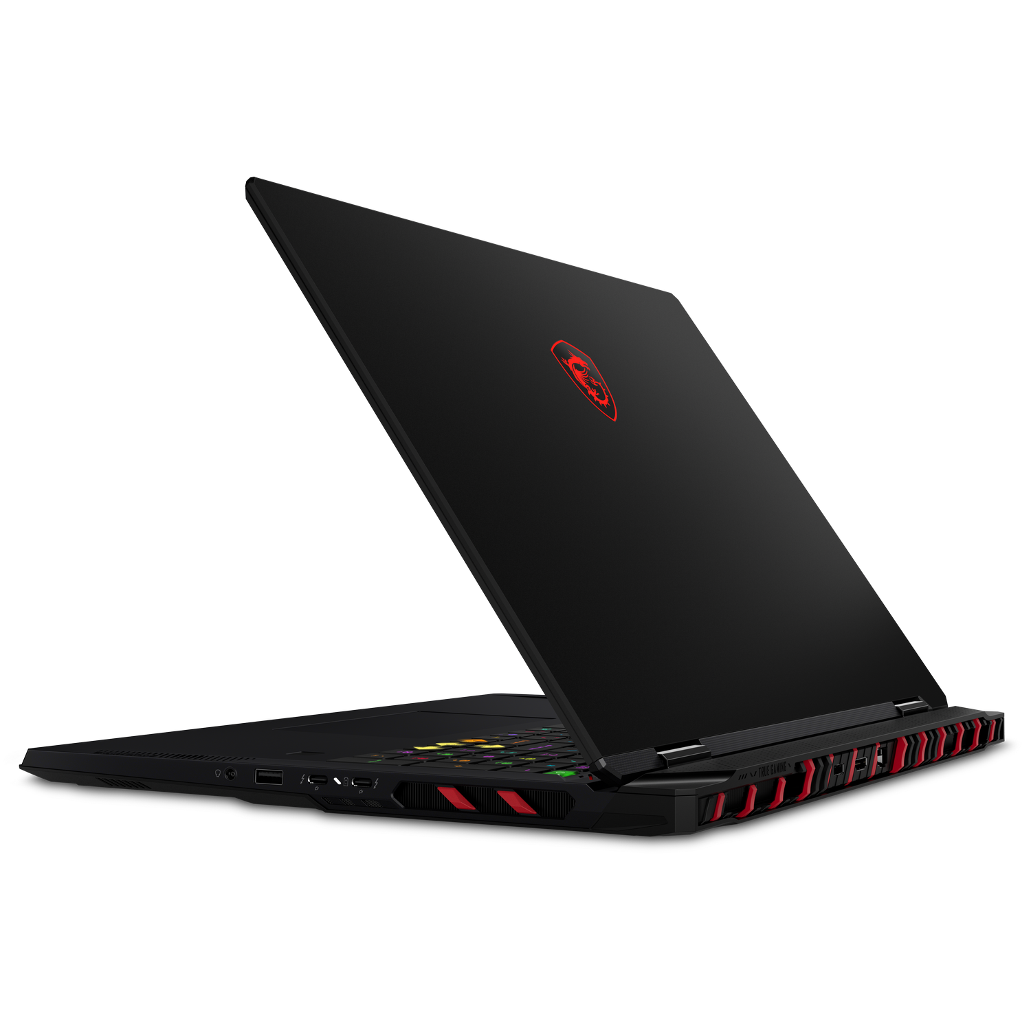 Portátil negro con logotipo rojo brillante y teclas coloridas sobre un fondo negro sólido.