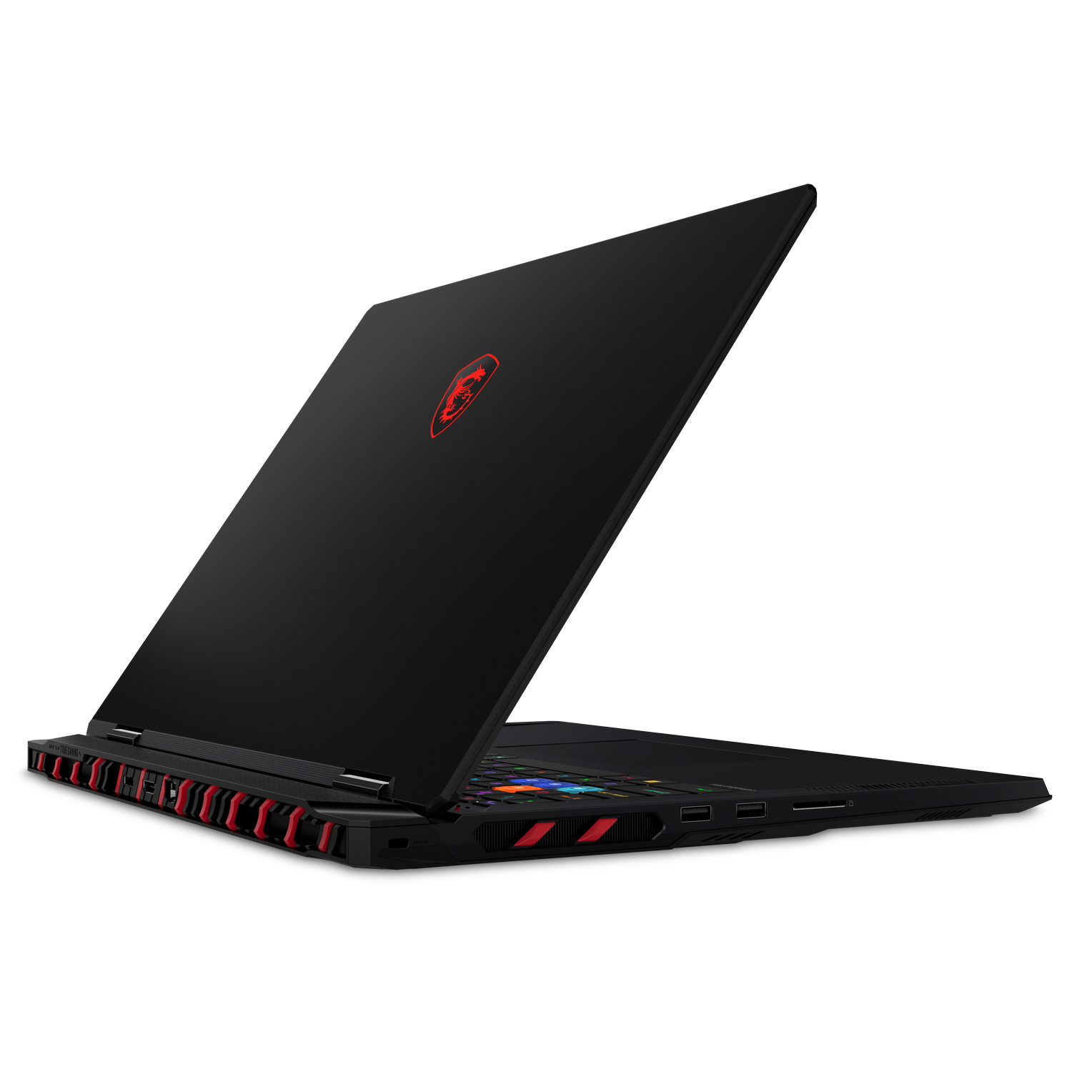 Un portátil gaming negro con detalles rojos y un logo de dragón rojo iluminado.