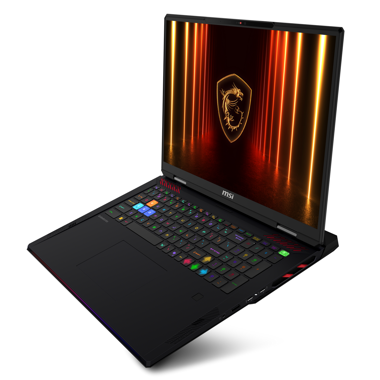 Portátil negro para juegos con teclado RGB y logo dorado de MSI en la pantalla sobre fondo negro.