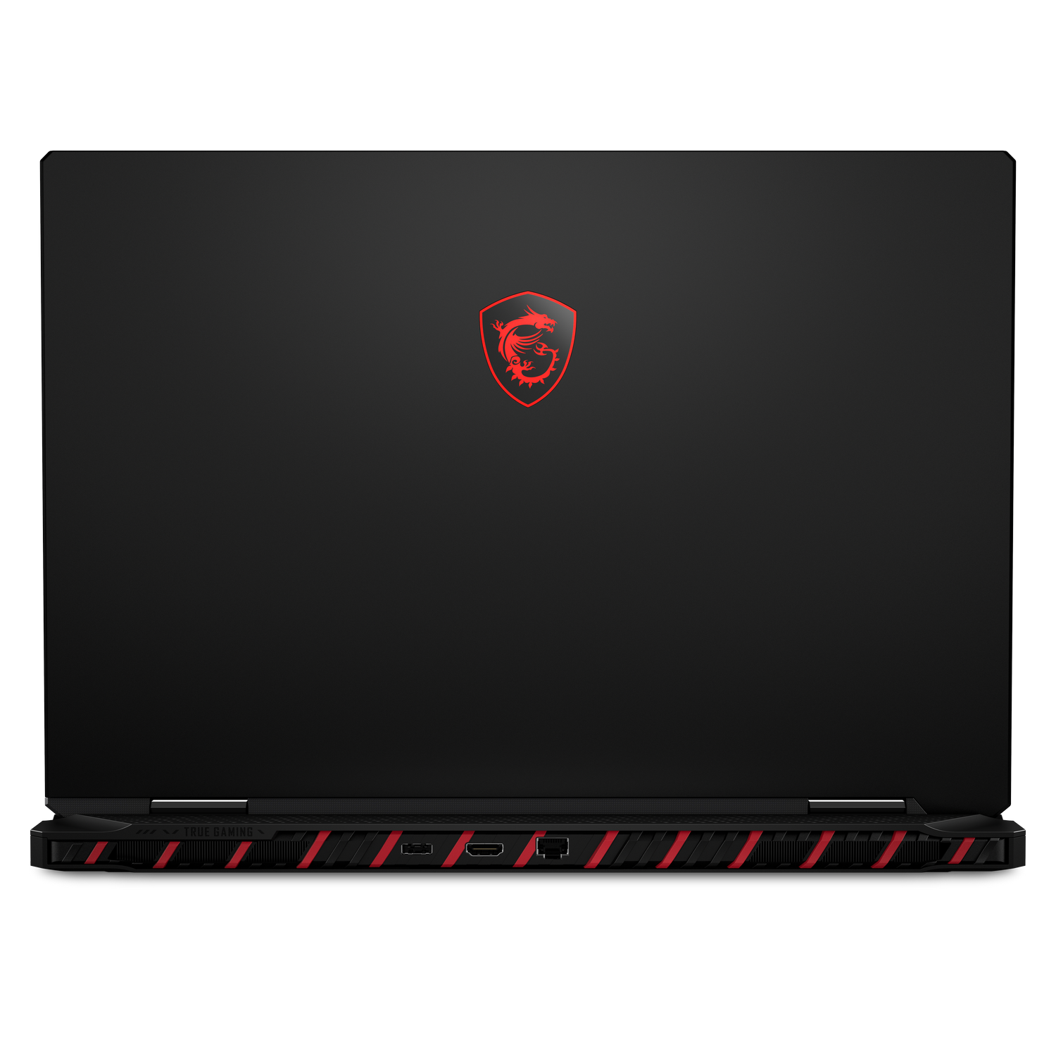Vista trasera de una laptop negra cerrada con un logotipo de dragón rojo y detalles rojos en las rejillas de ventilación.