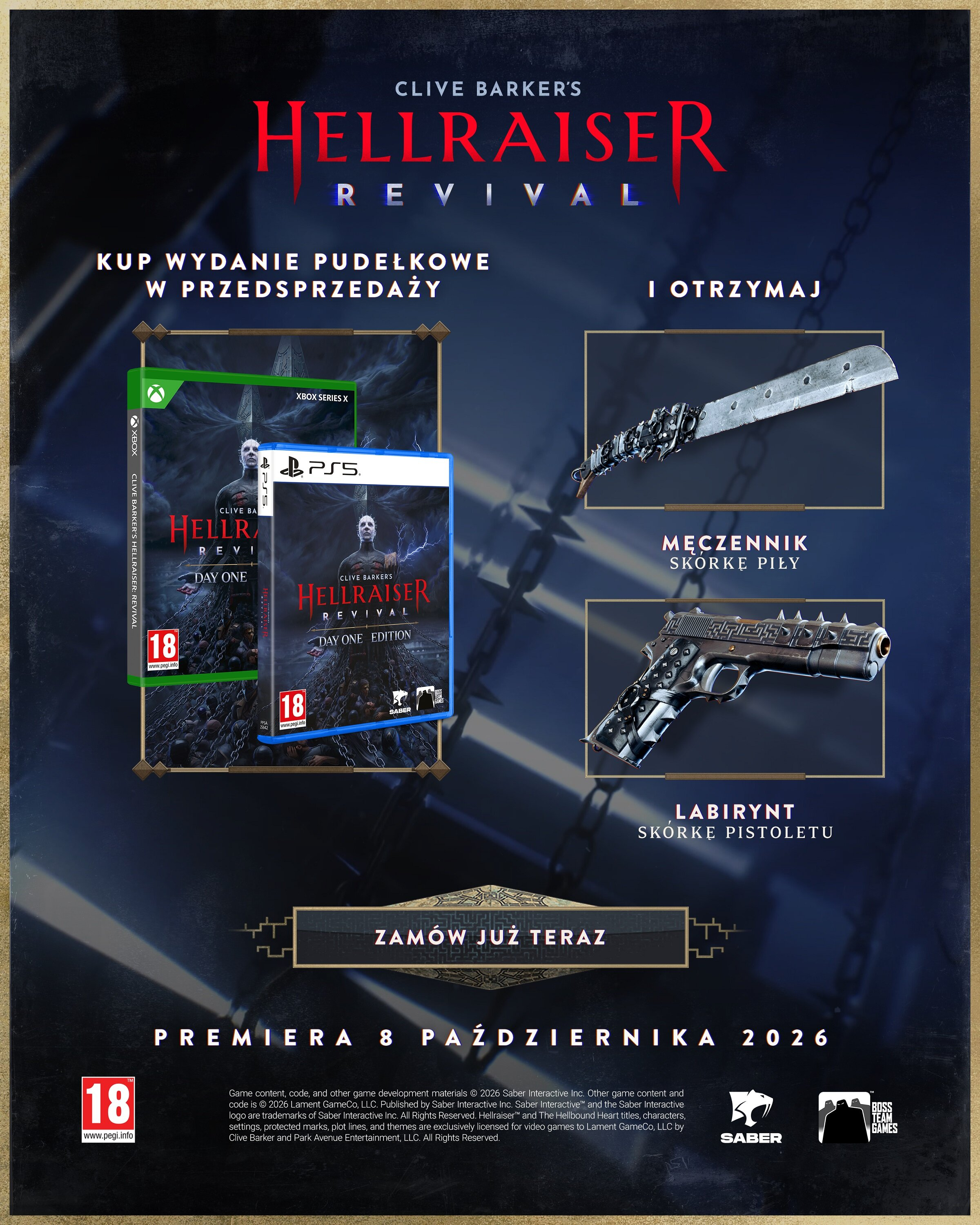 Reklama Hellraiser Revival z pudełkami gry i skórkami broni.
