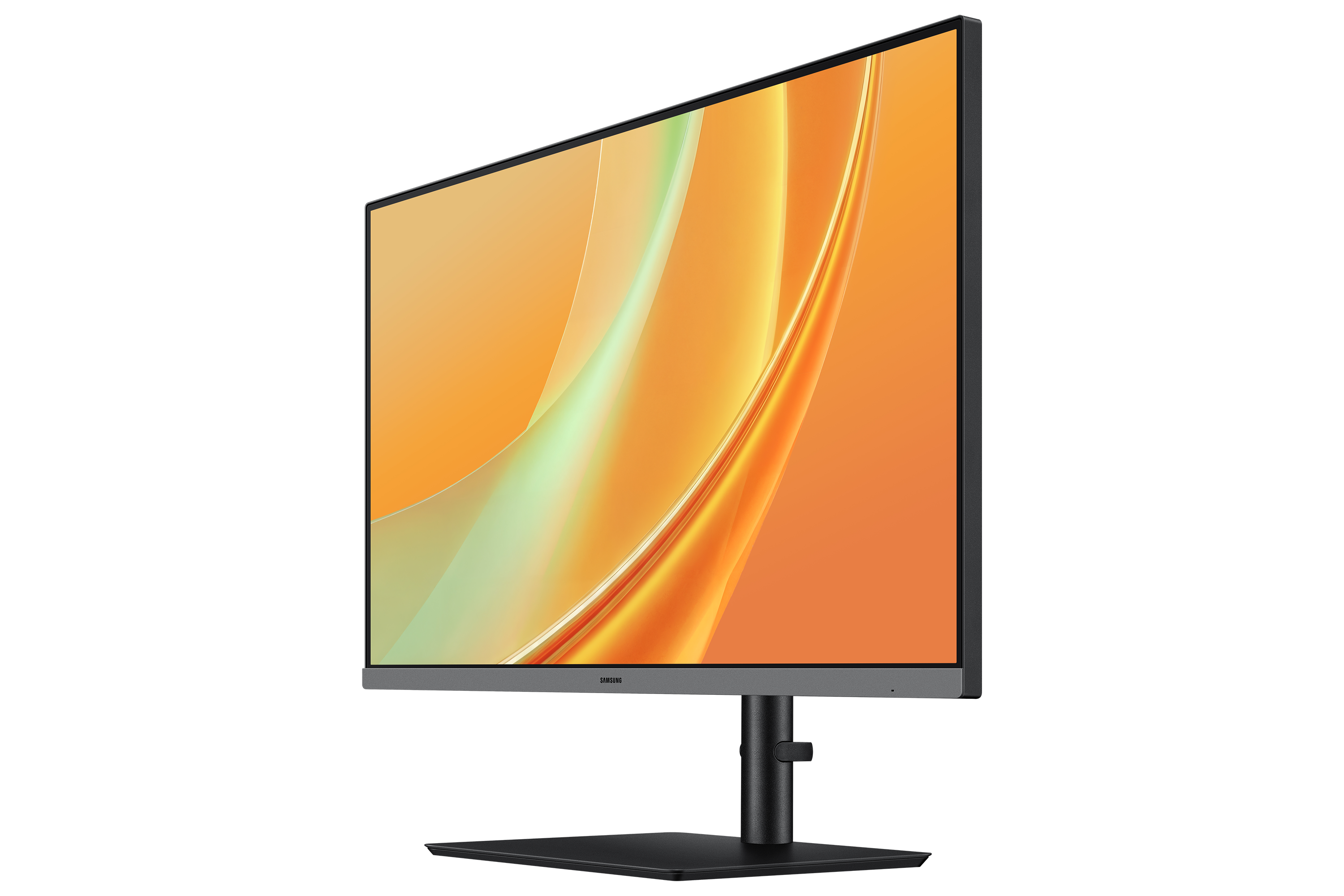 A Samsung monitor displaying an orange abstract background, isolated on a black background.