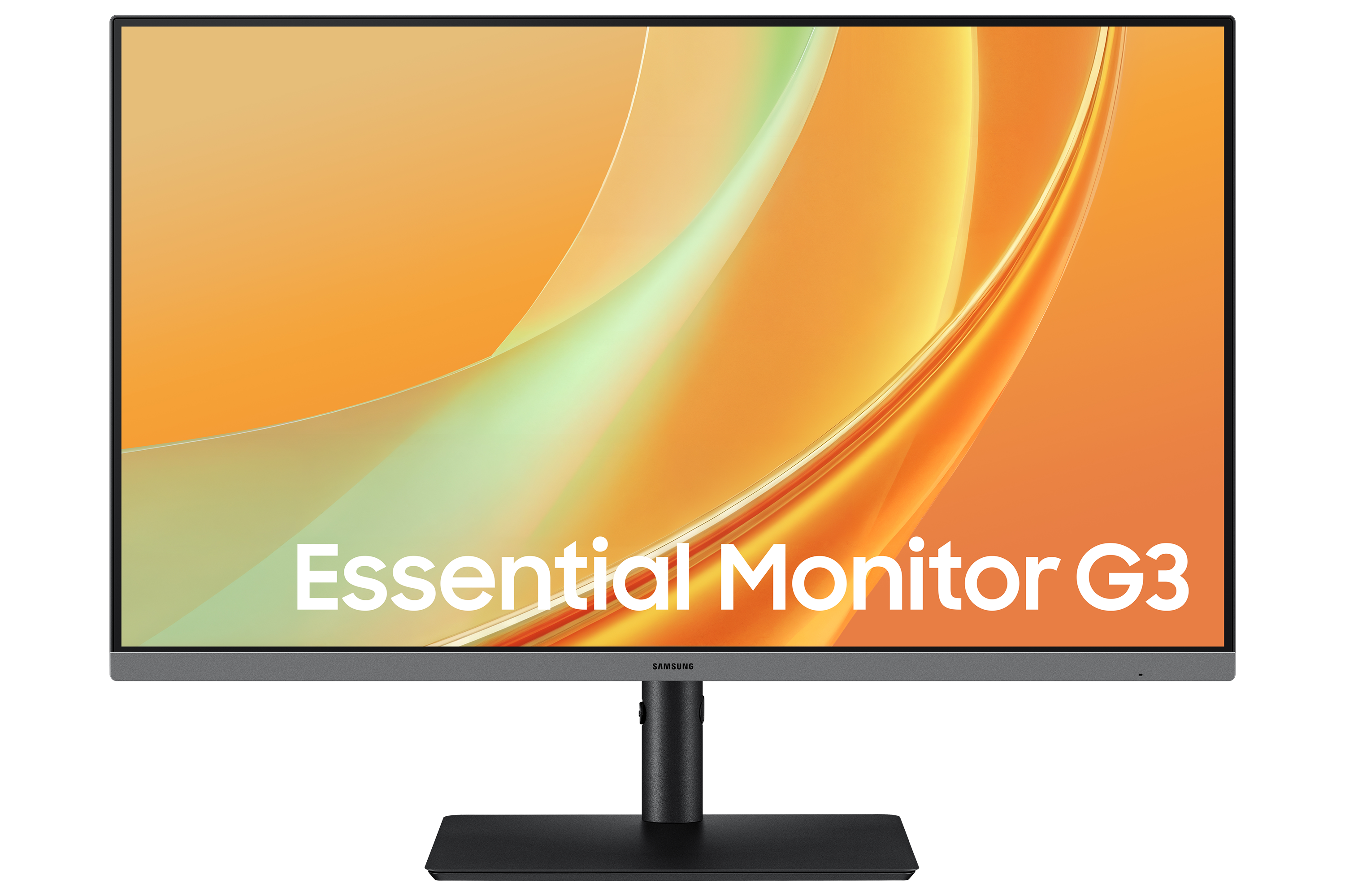 A Samsung Essential Monitor G3 on a black stand displaying an orange abstract graphic and white text.