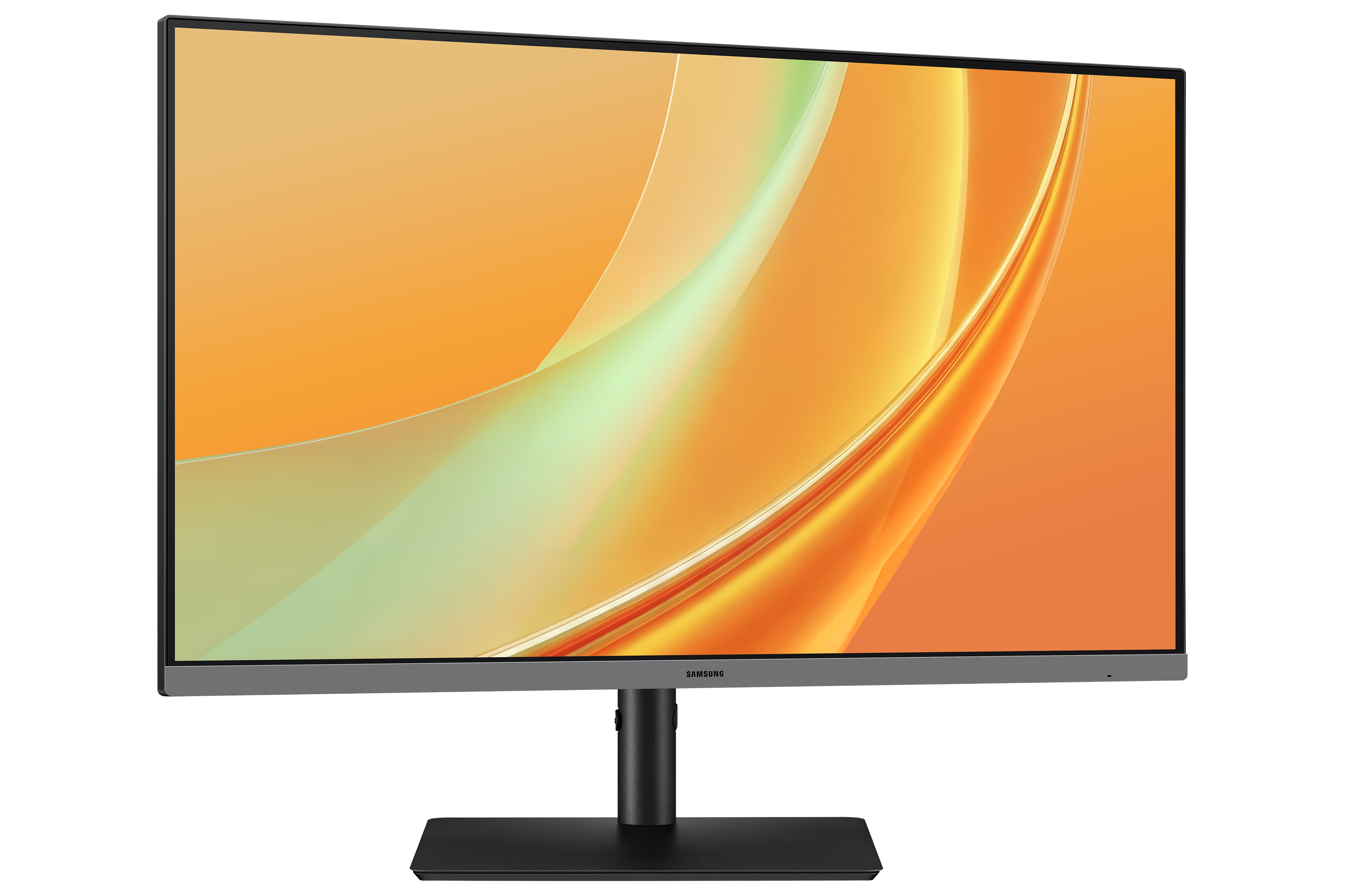 A Samsung monitor displaying an orange abstract wave pattern on screen with a black stand.