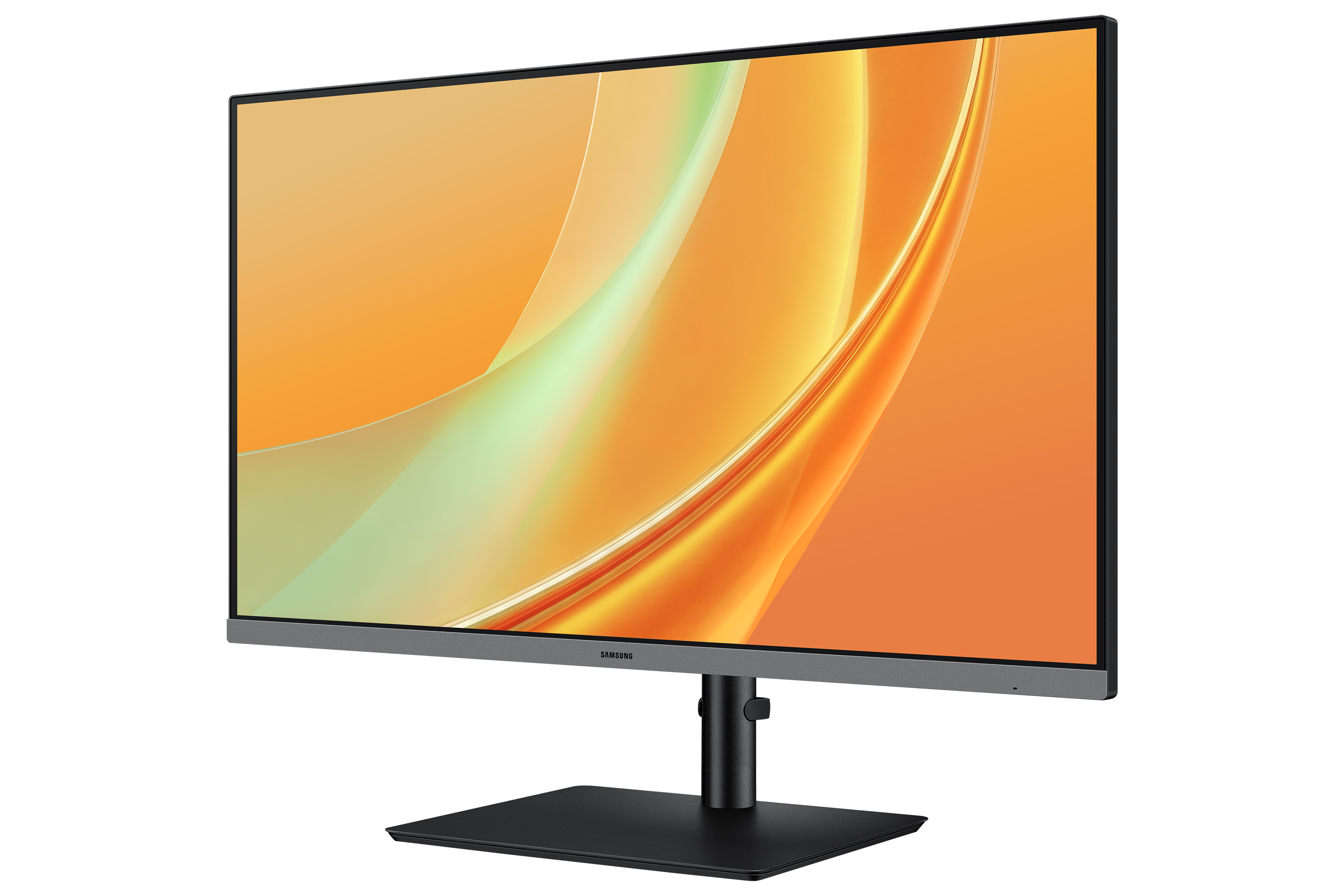 A Samsung monitor displaying an abstract orange and green wave pattern on screen, isolated against a black background.