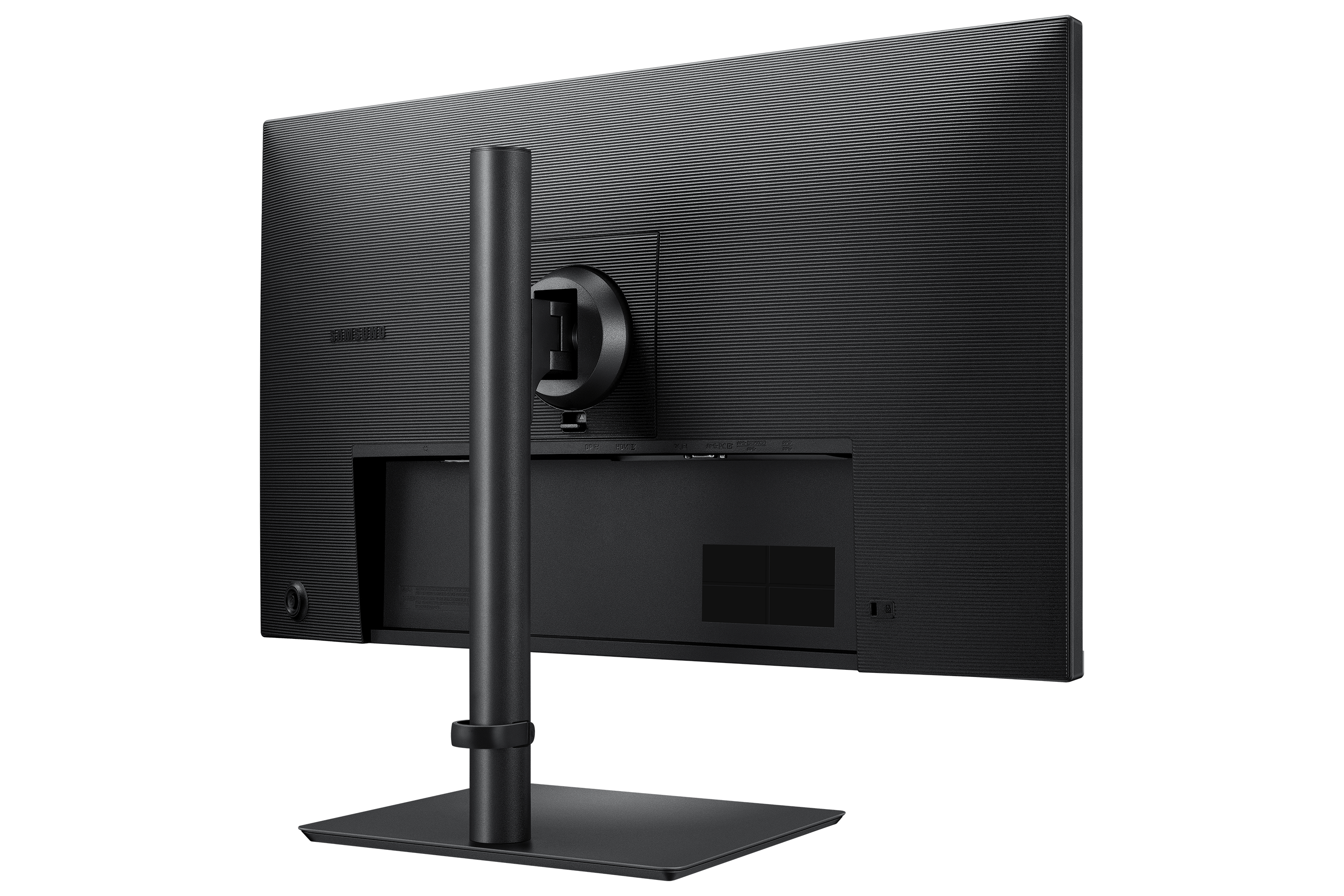 Rear view of a black monitor with an adjustable stand and ports, isolated on black background.