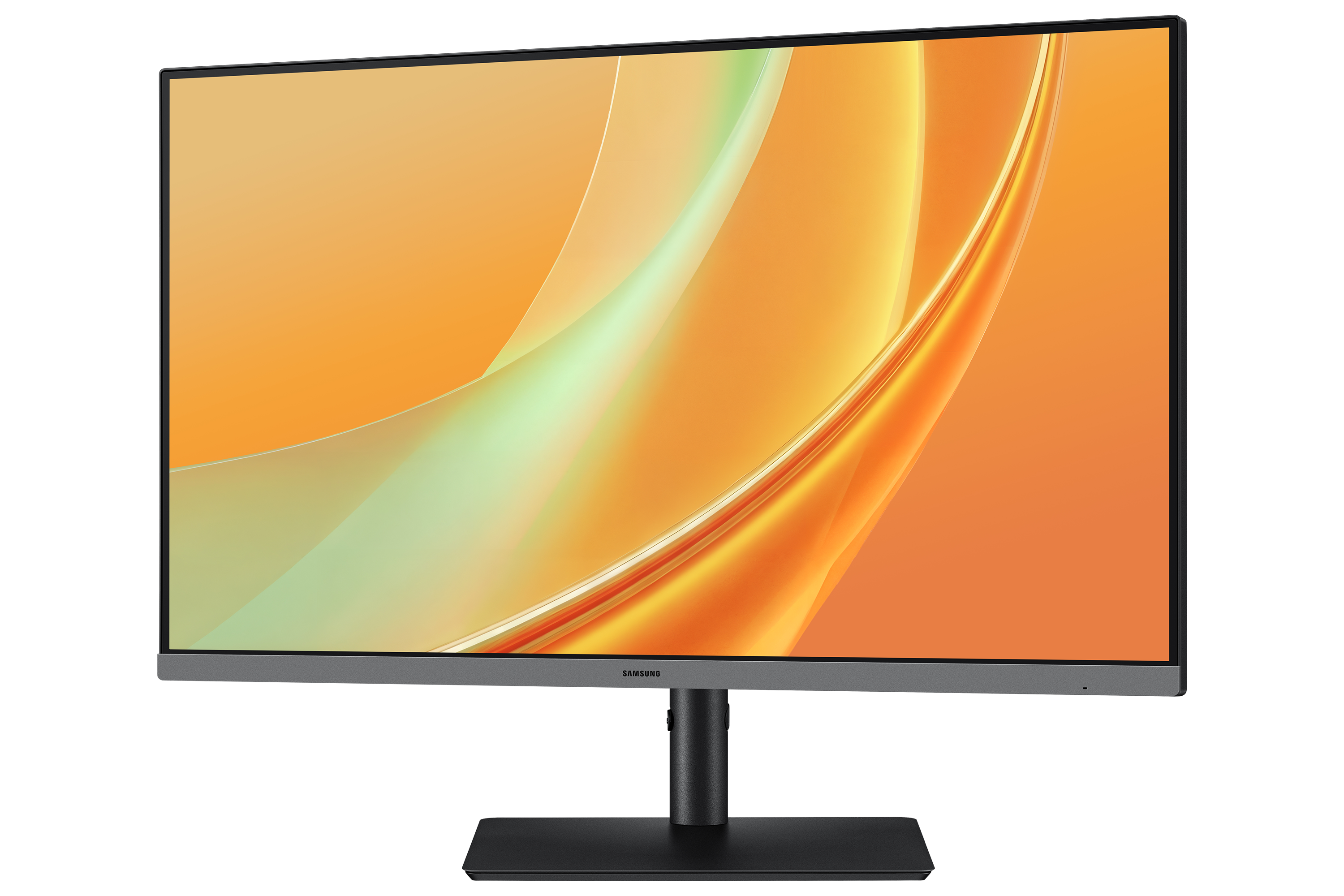 Samsung monitor on black stand featuring an orange and green wave background.