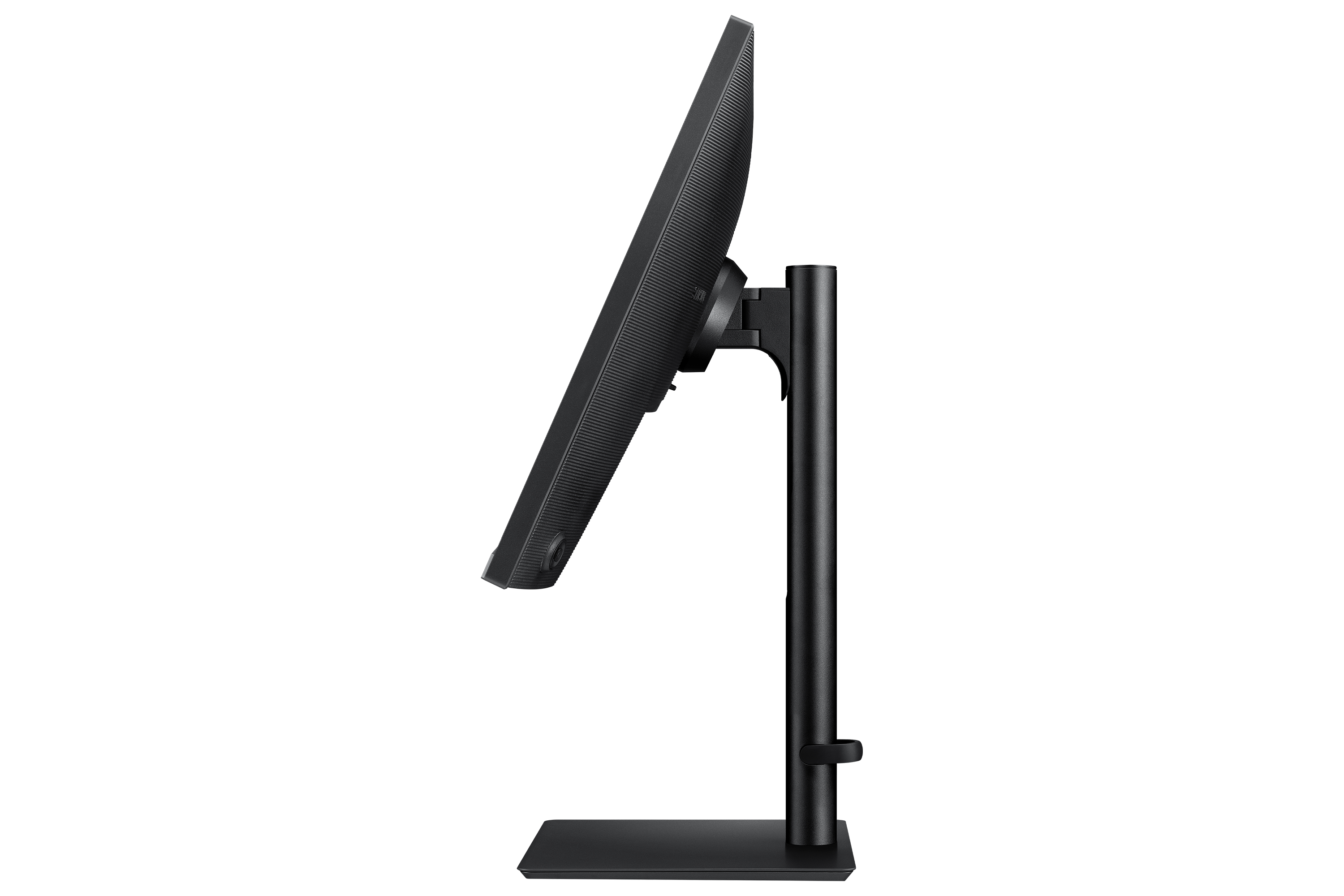 Side view of a black computer monitor on an adjustable stand against a black background.